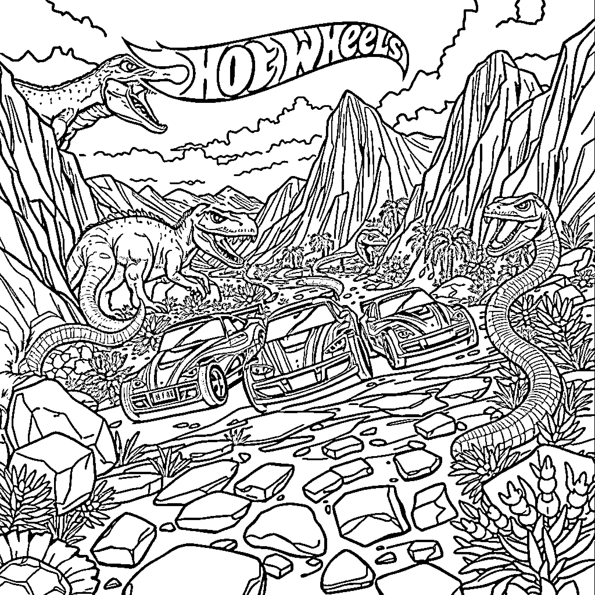 Car racing through prehistoric landscape Coloring Page (free black-and-white line drawing printable PDF for all, from beginners to advanced learners, including children, teens, adults, and seniors)