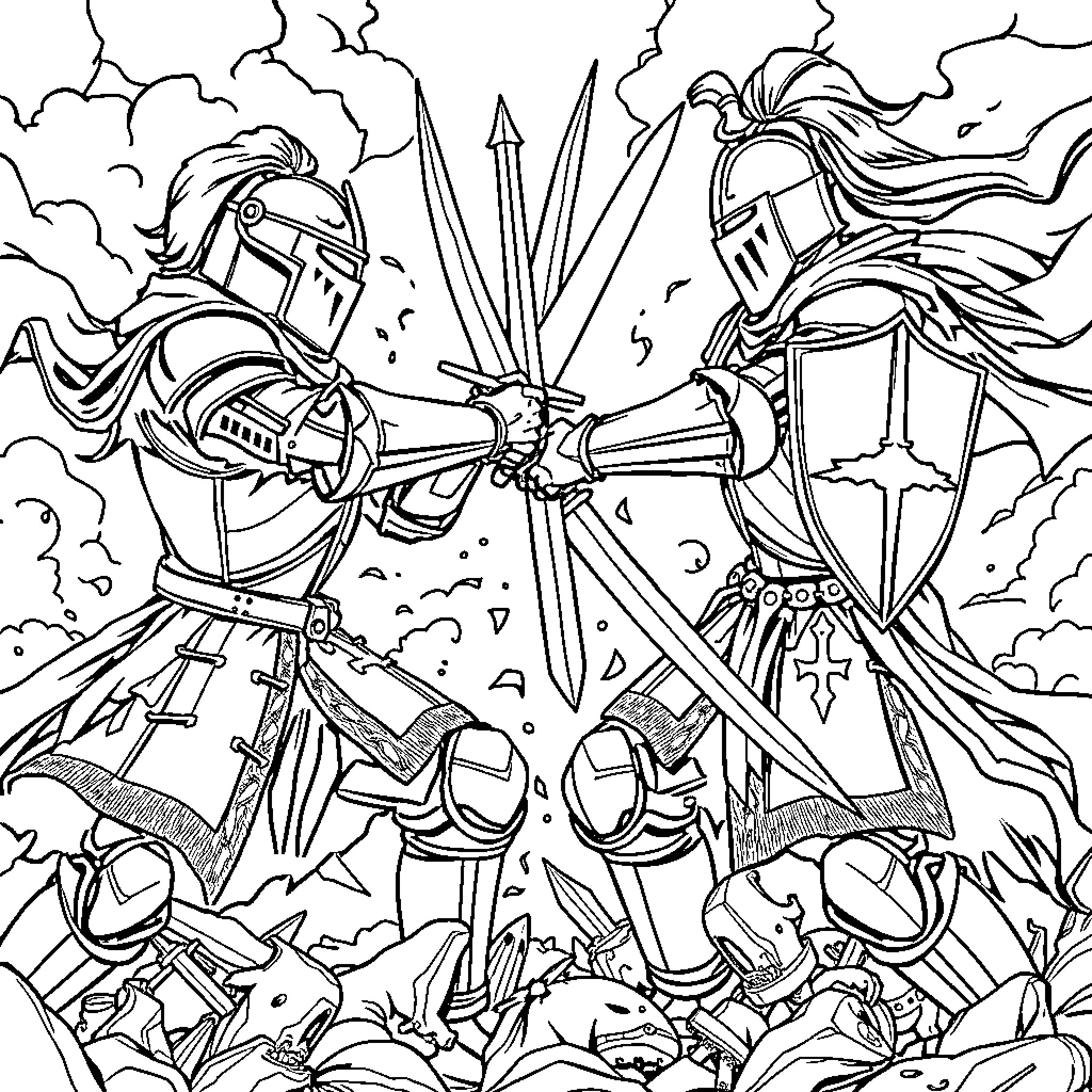 Knight's Clash of Armor and Weaponry Coloring Page (free black-and-white line drawing printable PDF for all, from beginners to advanced learners, including children, teens, adults, and seniors)