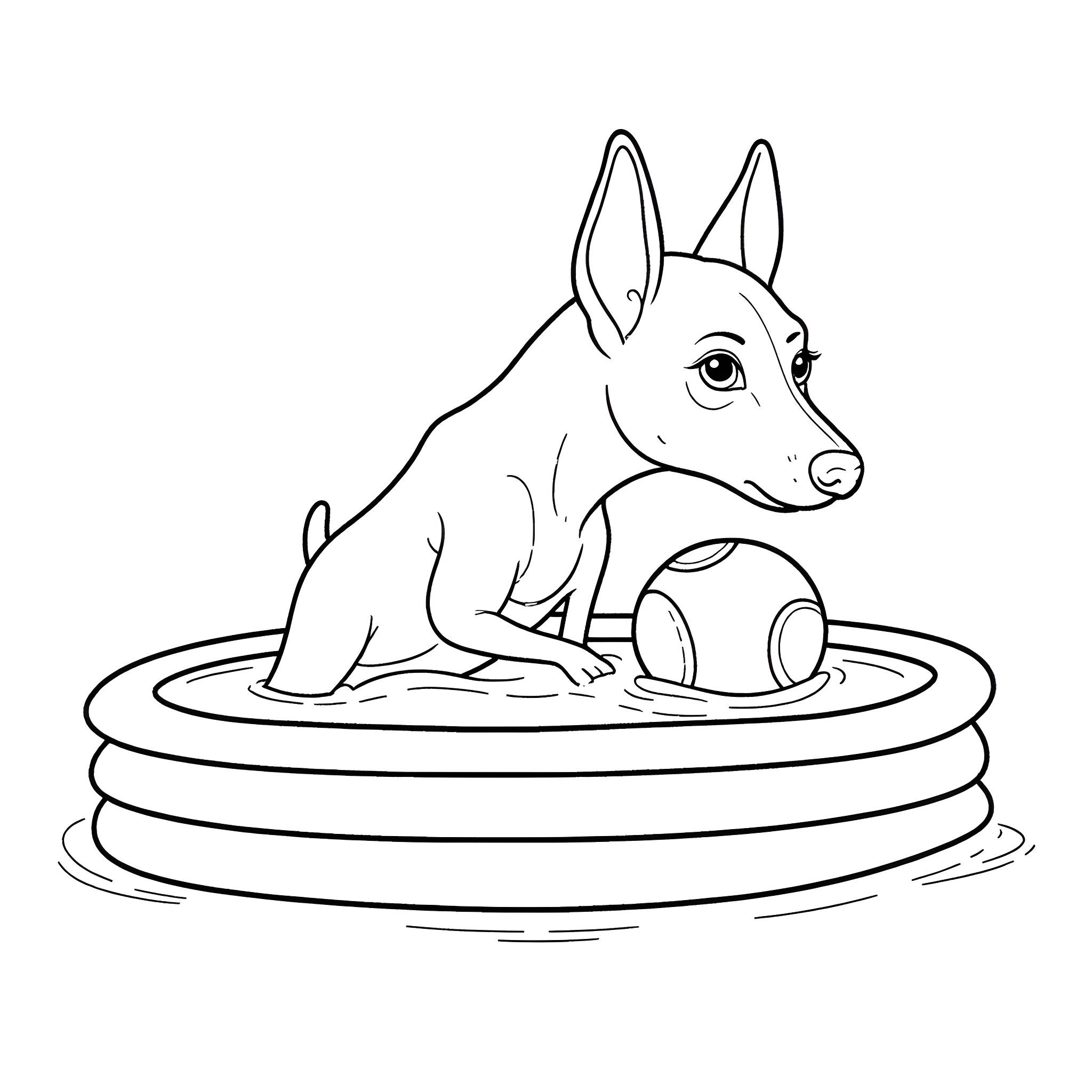 Doberman playing happily with ball in the pool Coloring Page (free black-and-white line drawing printable PDF for all, from beginners to advanced learners, including children, teens, adults, and seniors)