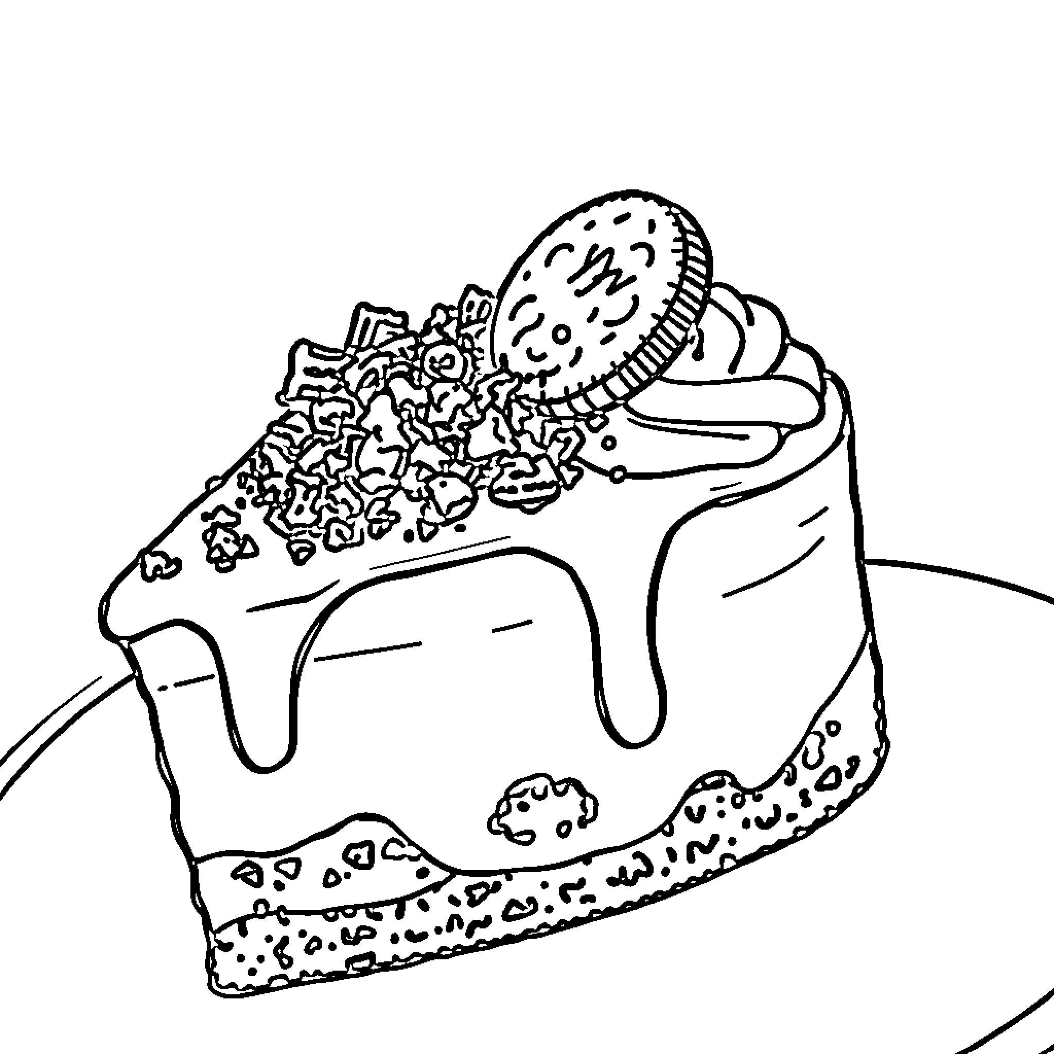 Oreo Cake with Whimsical Decorations Coloring Page (free black-and-white line drawing printable PDF for all, from beginners to advanced learners, including children, teens, adults, and seniors)