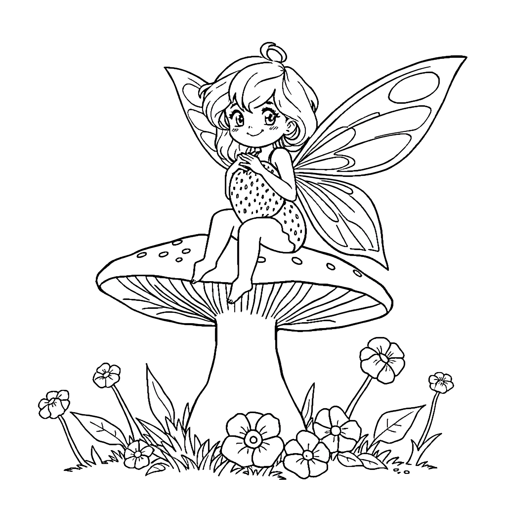 Strawberry Fairy sitting on a mushroom with flowers Coloring Page (free black-and-white line drawing printable PDF for all, from beginners to advanced learners, including children, teens, adults, and seniors)