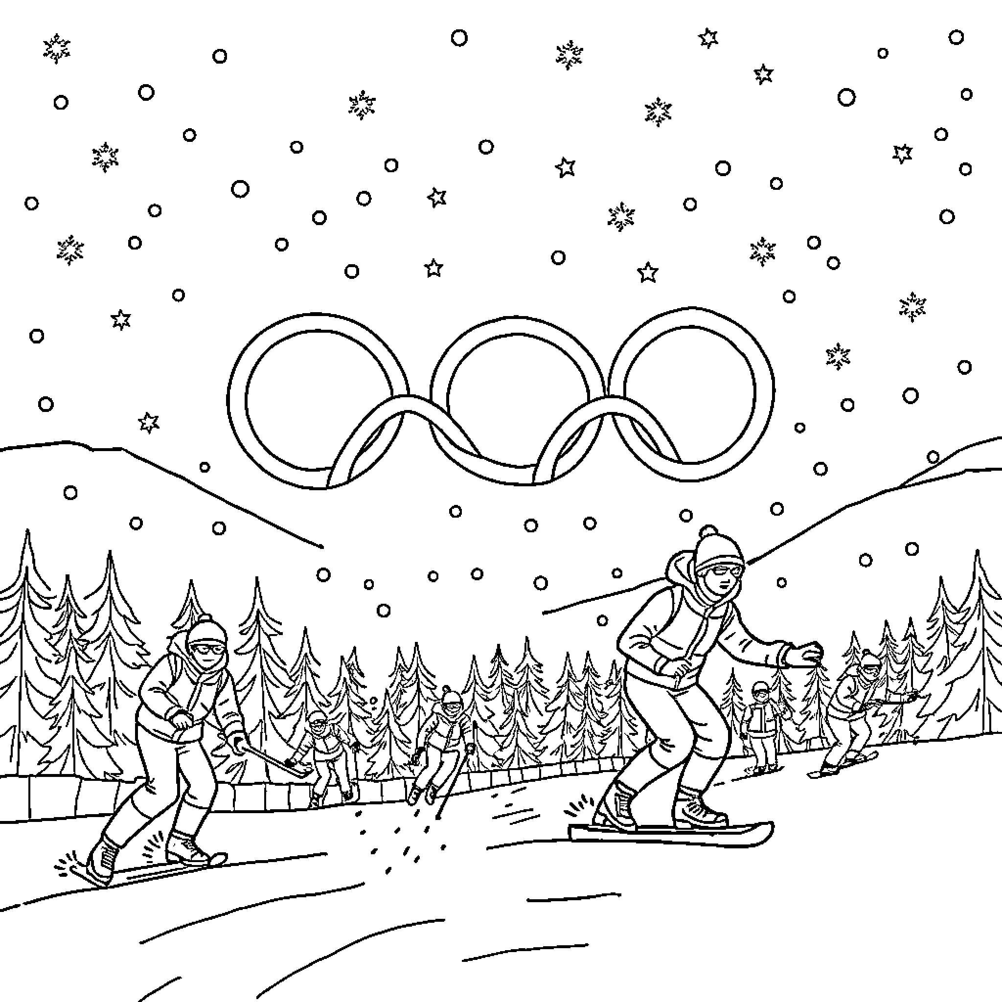 Winter Olympics Skiing and Snowboarding Competition Coloring Page (free black-and-white line drawing printable PDF for all, from beginners to advanced learners, including children, teens, adults, and seniors)
