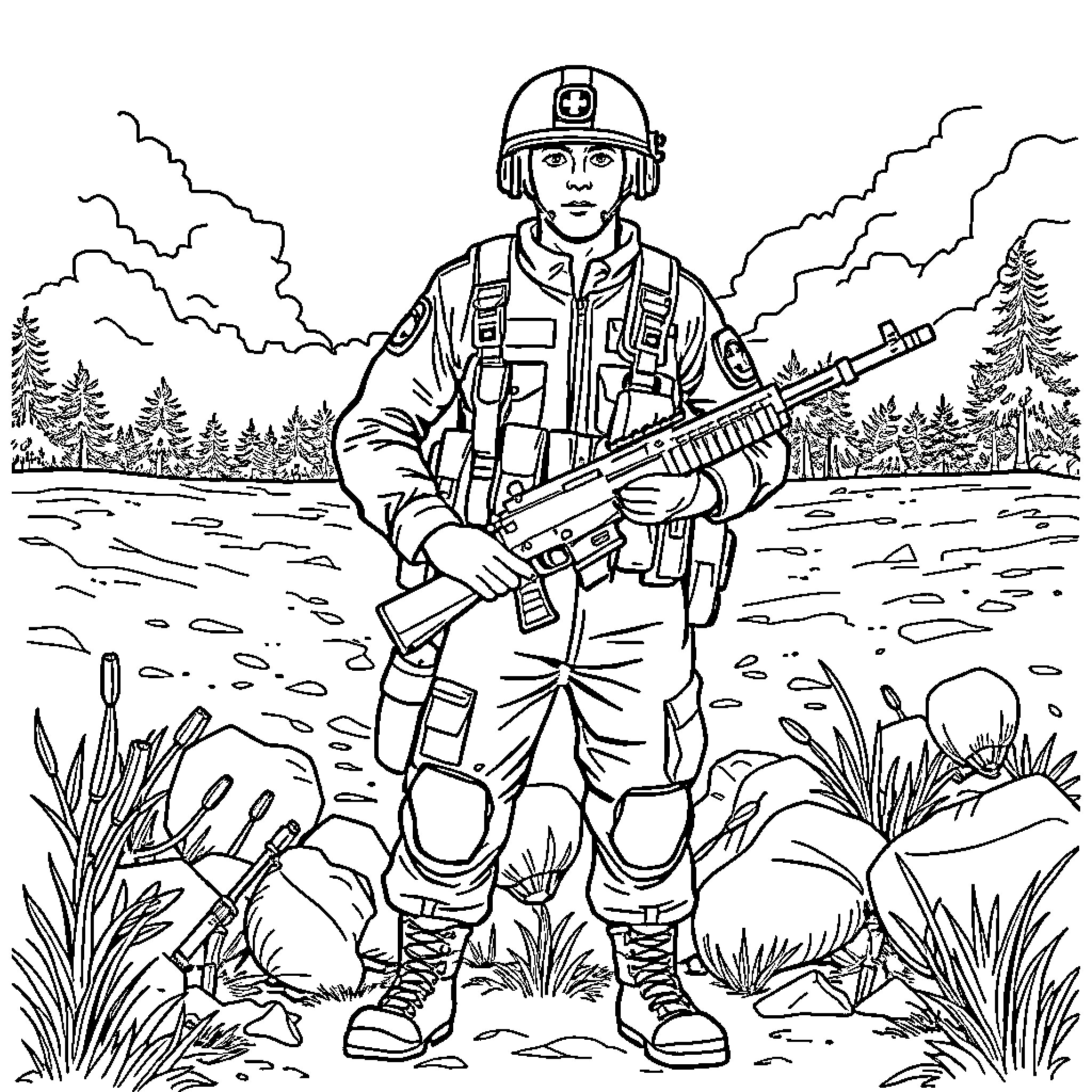 Medic Soldier Standing Vigilantly in the Field Coloring Page (free black-and-white line drawing printable PDF for all, from beginners to advanced learners, including children, teens, adults, and seniors)