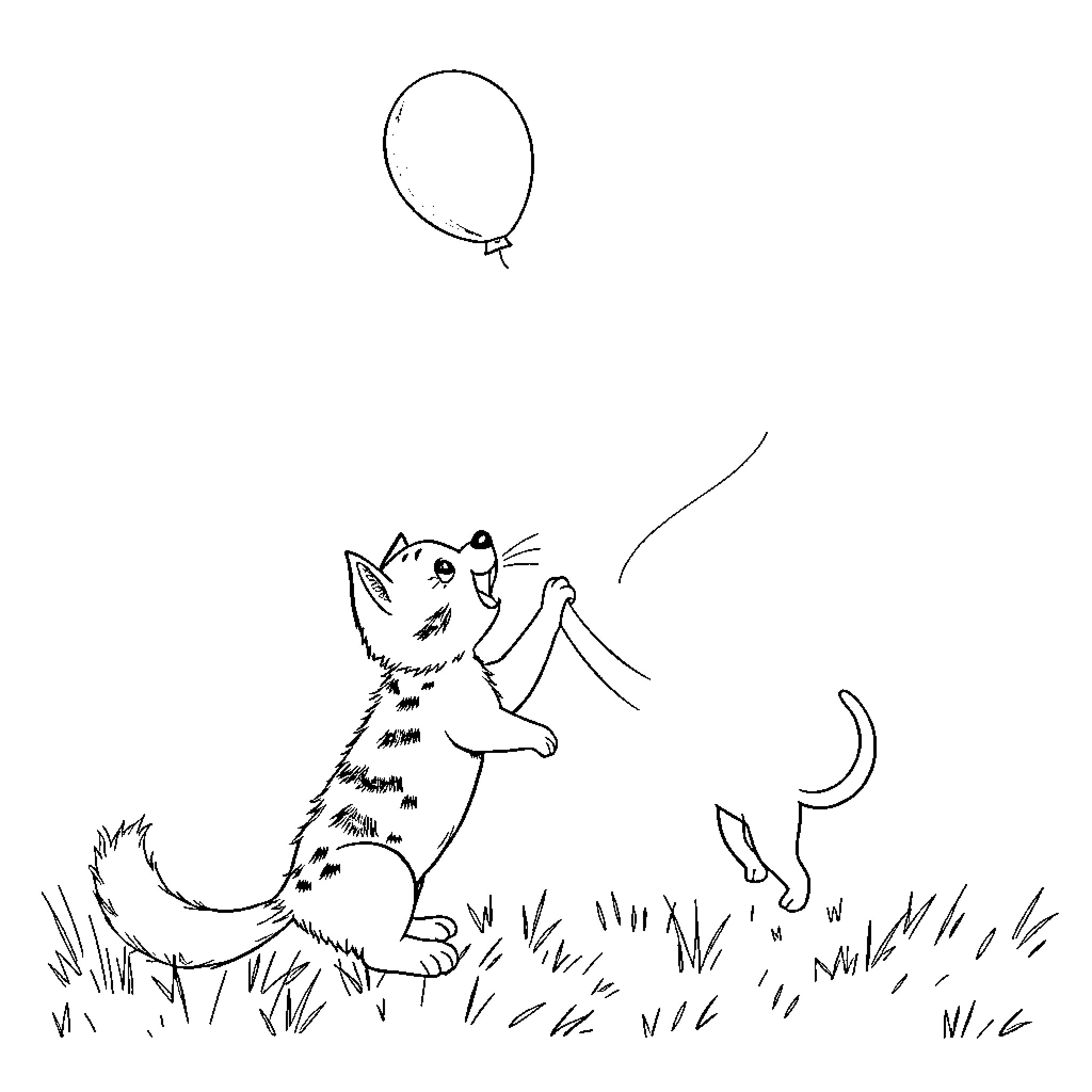 Cat chasing a balloon in the grass Coloring Page (free black-and-white line drawing printable PDF for all, from beginners to advanced learners, including children, teens, adults, and seniors)