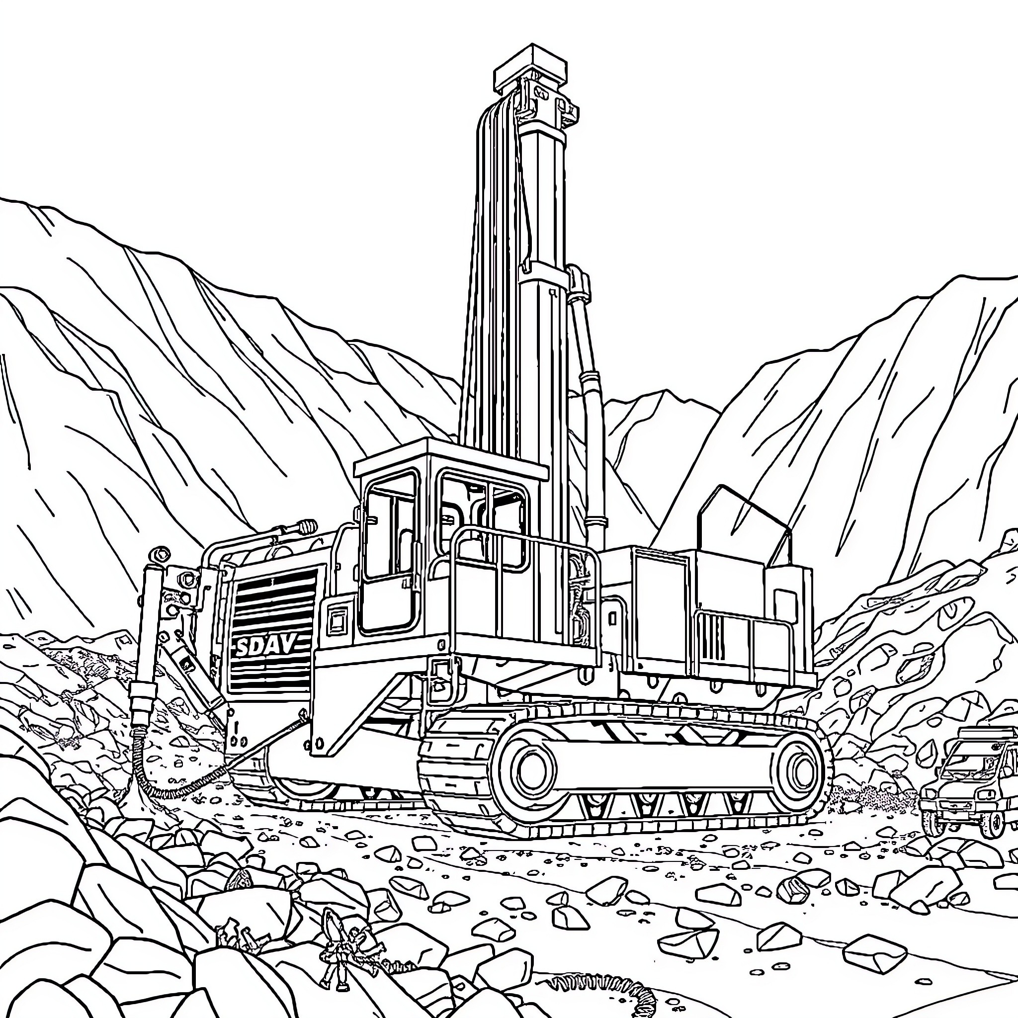 Epiroc S2 Boomer drilling machine in remote mountainous landscape Coloring Page (free black-and-white line drawing printable PDF for all, from beginners to advanced learners, including children, teens, adults, and seniors)