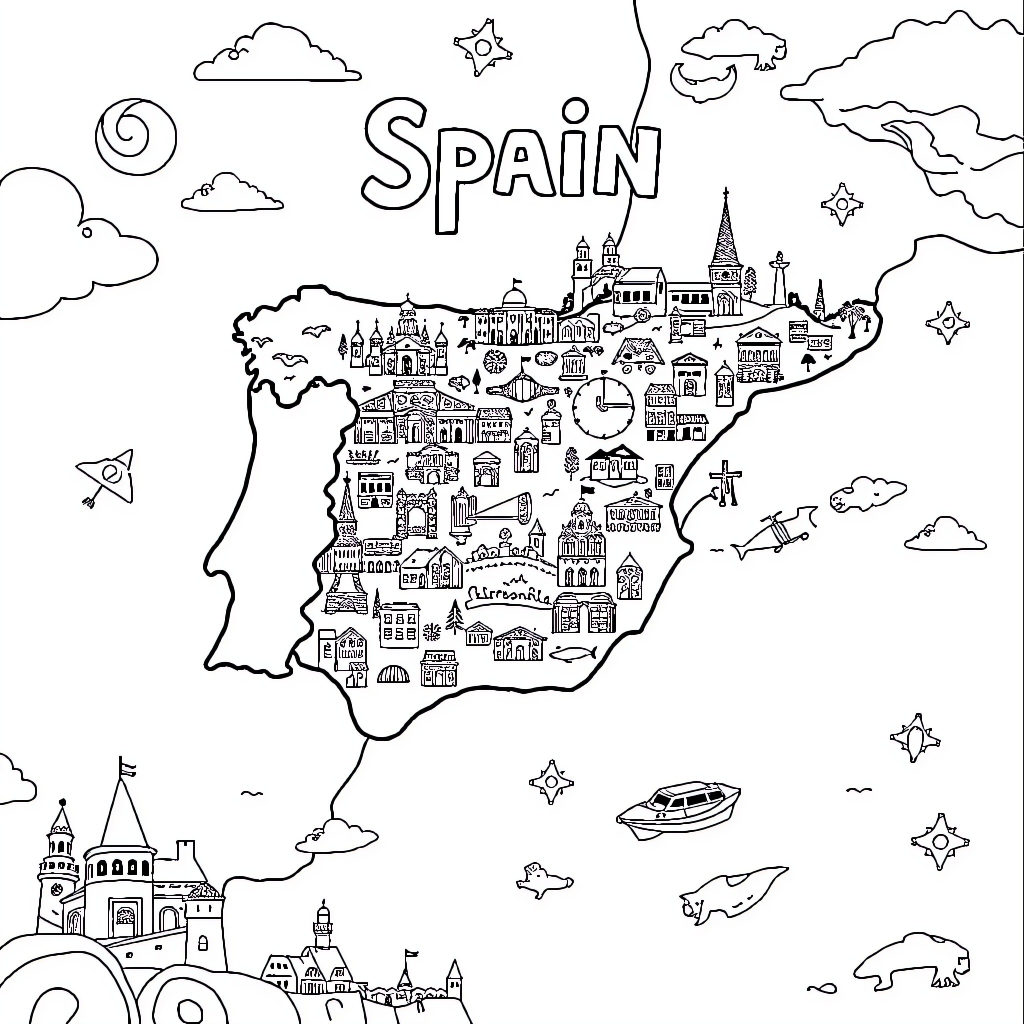 Map of Spain's architectural landmarks and symbols Coloring Page (free black-and-white line drawing printable PDF for all, from beginners to advanced learners, including children, teens, adults, and seniors)