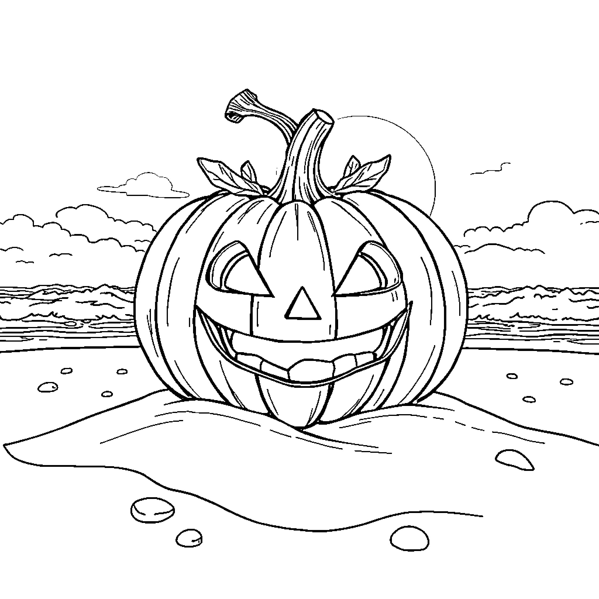 Pumpkin carved with a smiling face on the beach Coloring Page (free black-and-white line drawing printable PDF for all, from beginners to advanced learners, including children, teens, adults, and seniors)