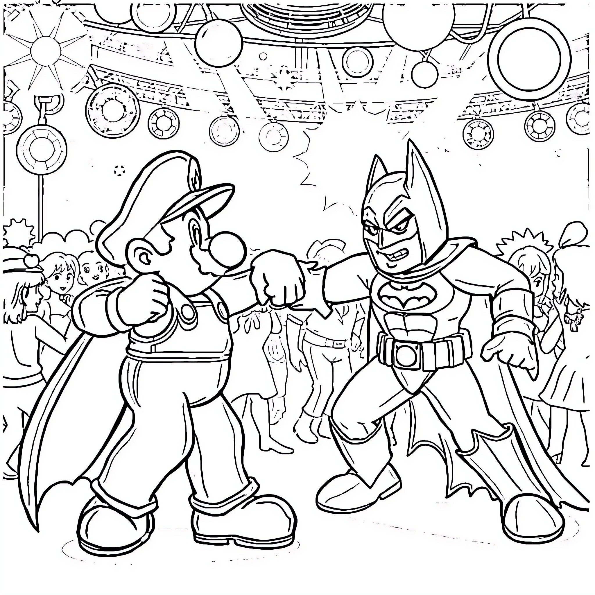 Mario and Batman in Vibrant Celebration Coloring Page (free black-and-white line drawing printable PDF for all, from beginners to advanced learners, including children, teens, adults, and seniors)