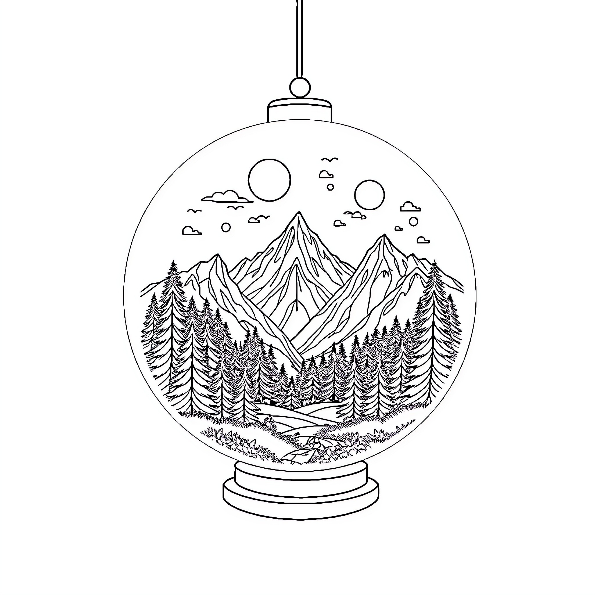 Landscape scene in a snow globe Coloring Page (free black-and-white line drawing printable PDF for all, from beginners to advanced learners, including children, teens, adults, and seniors)