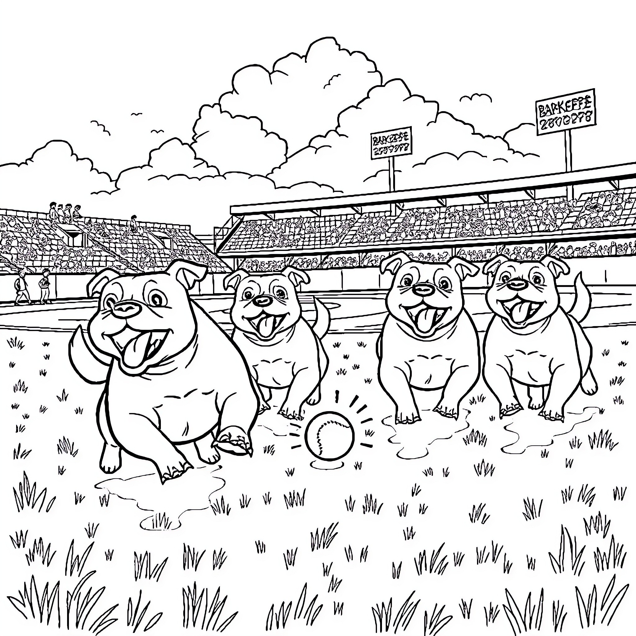 Dogs playing happily in the baseball stadium Coloring Page (free black-and-white line drawing printable PDF for all, from beginners to advanced learners, including children, teens, adults, and seniors)