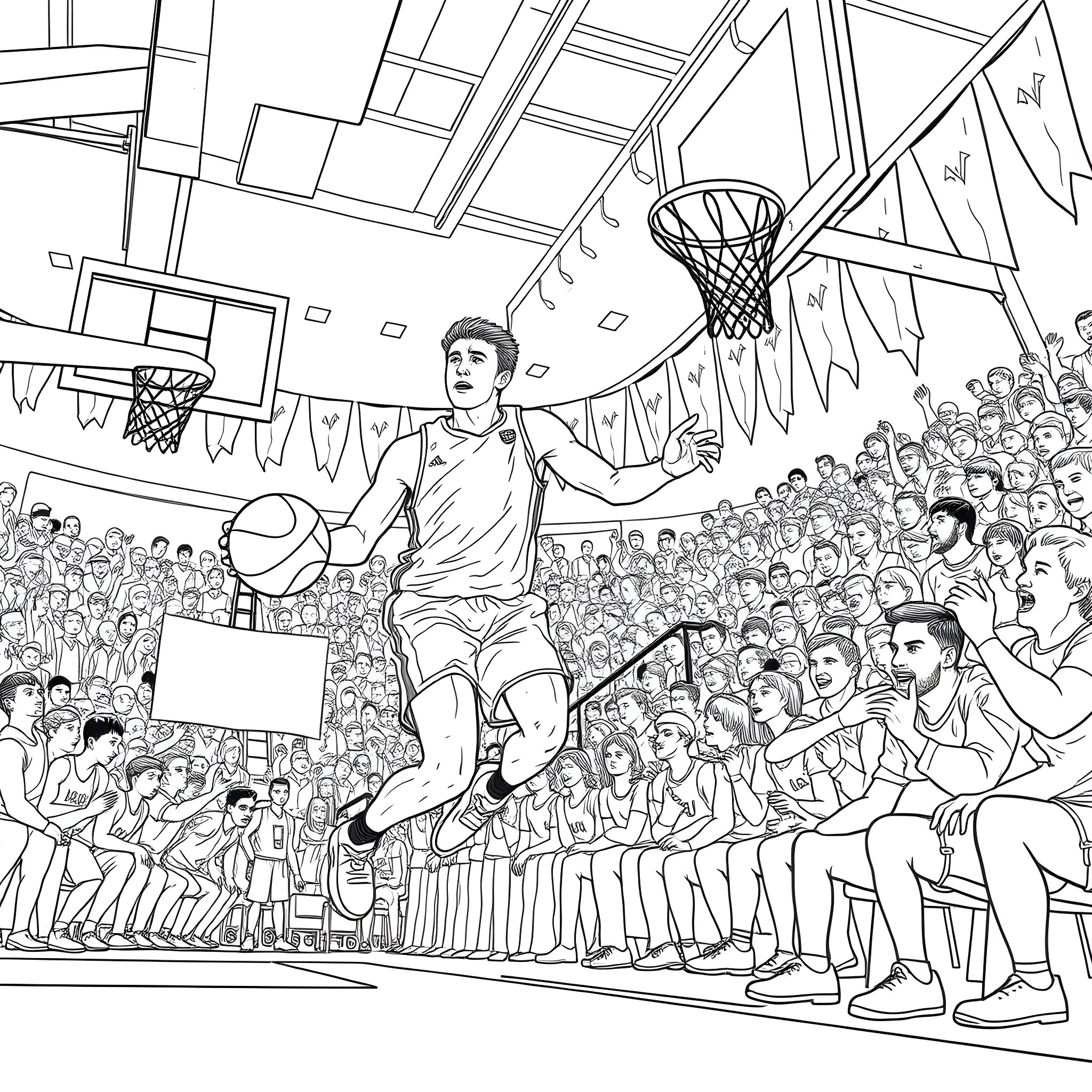 Blaž Mahkovic playing basketball in a crowded sports arena Coloring Page (free black-and-white line drawing printable PDF for all, from beginners to advanced learners, including children, teens, adults, and seniors)