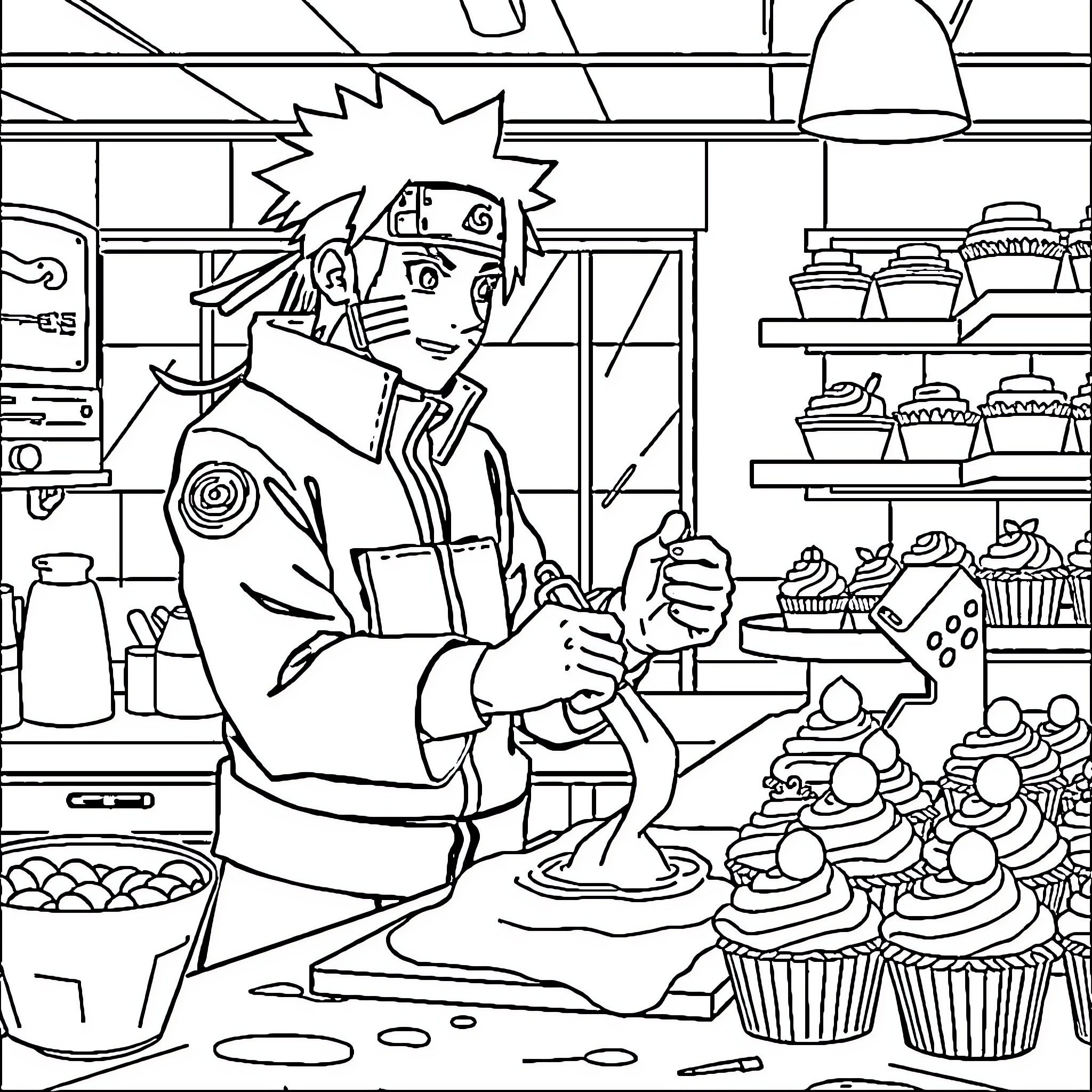 Naruto Baking Delicious Treats in the Kitchen Coloring Page (free black-and-white line drawing printable PDF for all, from beginners to advanced learners, including children, teens, adults, and seniors)