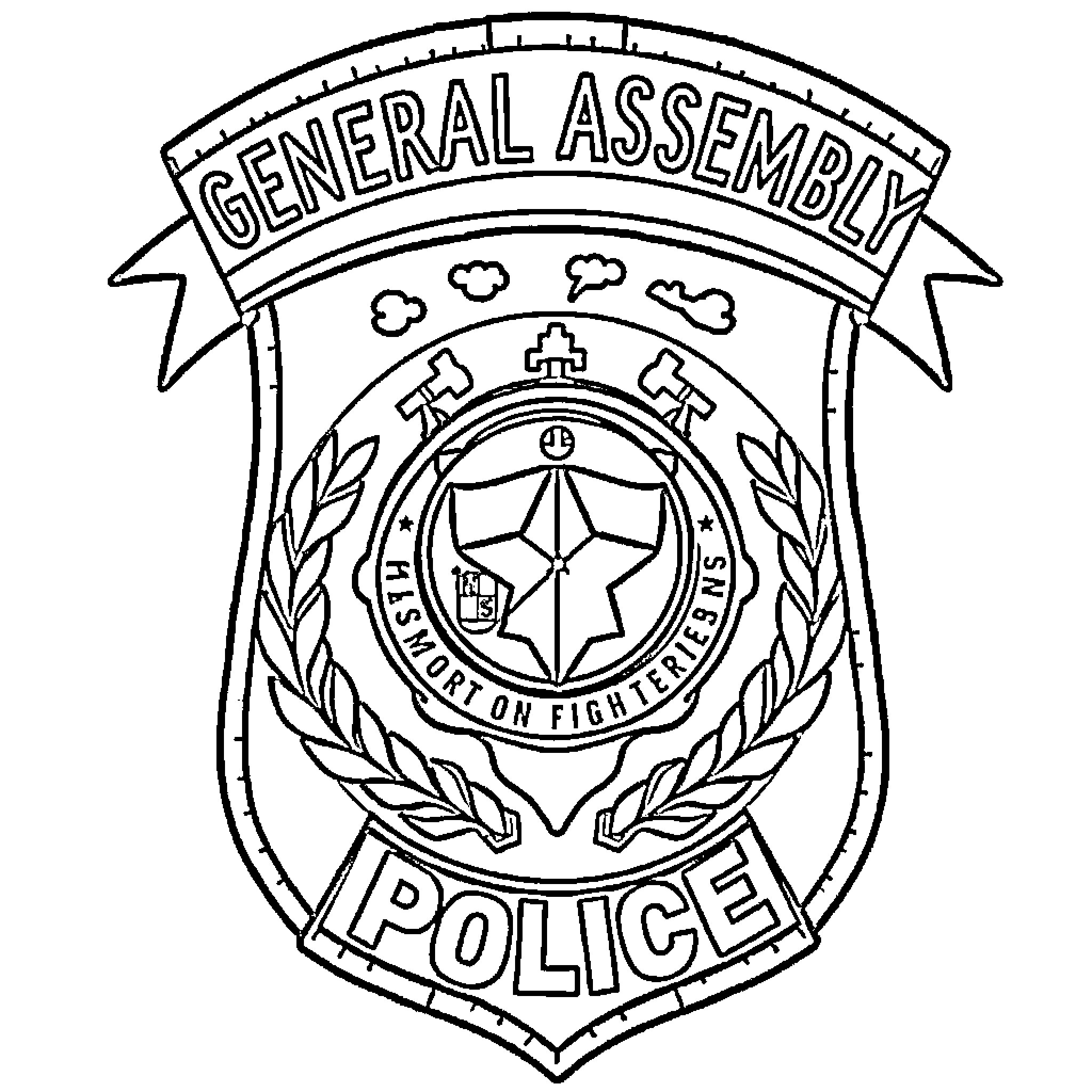 Police Patch with Symbolic Emblem and Banner Coloring Page (free black-and-white line drawing printable PDF for all, from beginners to advanced learners, including children, teens, adults, and seniors)