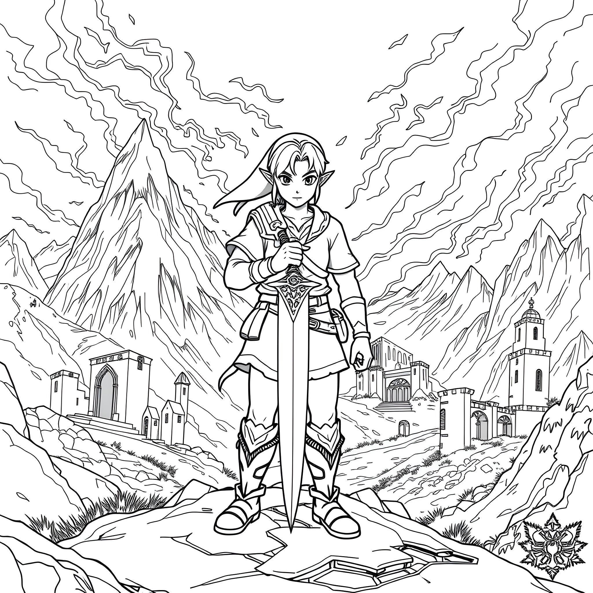 Link Journeying Through Fantastical Landscapes Coloring Page (free black-and-white line drawing printable PDF for all, from beginners to advanced learners, including children, teens, adults, and seniors)
