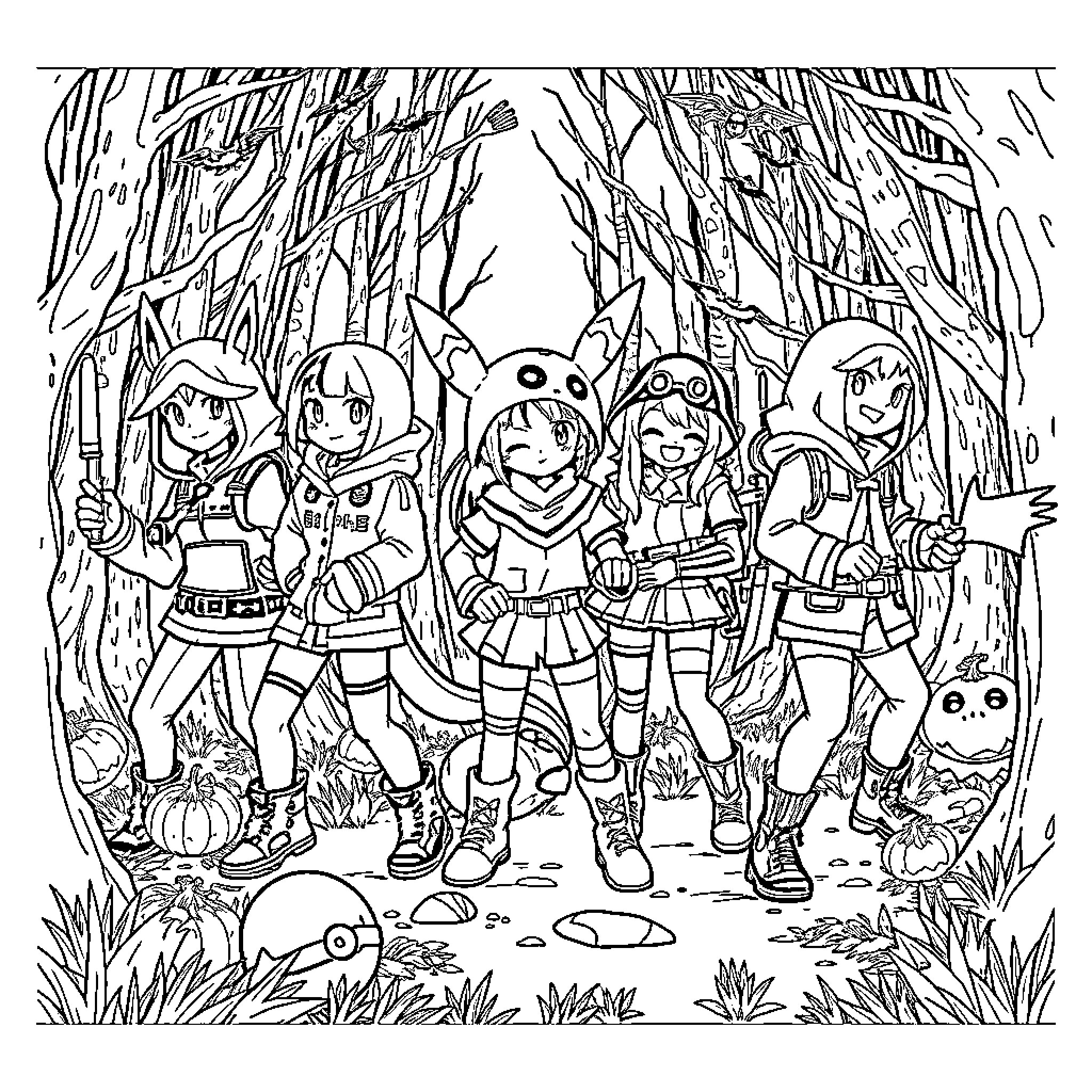 Pokémon trainers exploring the enchanted forest Coloring Page (free black-and-white line drawing printable PDF for all, from beginners to advanced learners, including children, teens, adults, and seniors)