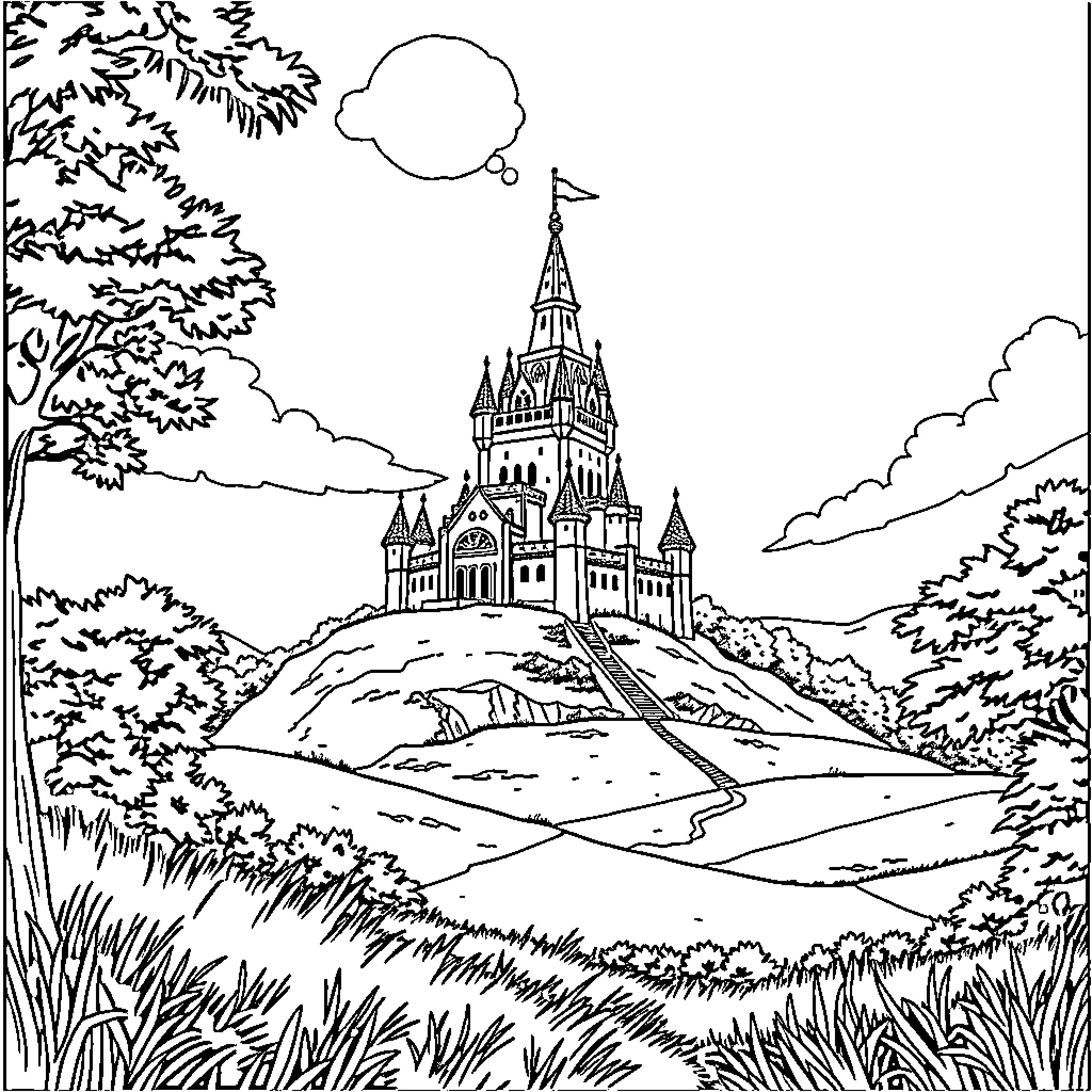 Hyrule Castle in a picturesque landscape Coloring Page (free black-and-white line drawing printable PDF for all, from beginners to advanced learners, including children, teens, adults, and seniors)