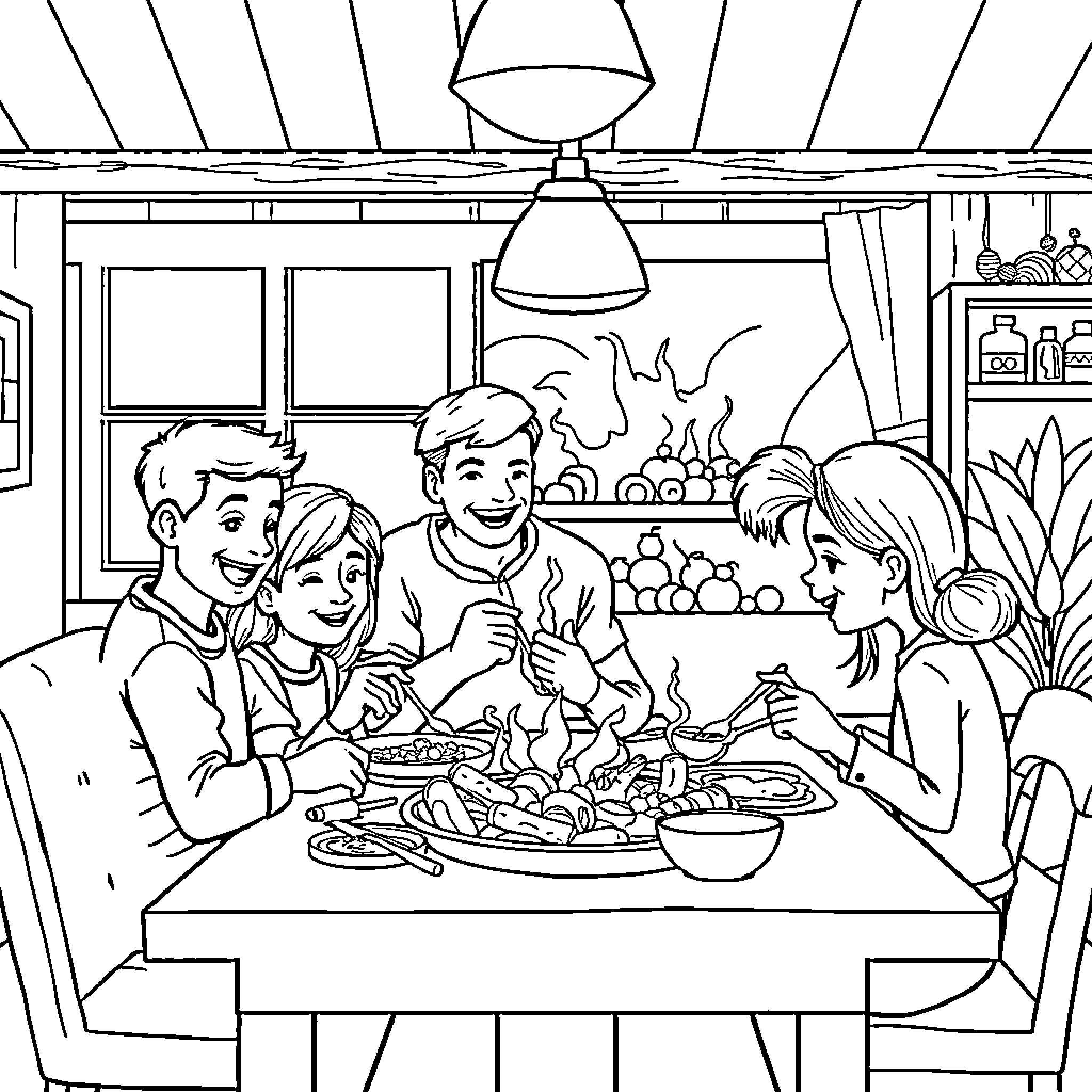 Family Enjoying Cozy Meal Together Coloring Page (free black-and-white line drawing printable PDF for all, from beginners to advanced learners, including children, teens, adults, and seniors)