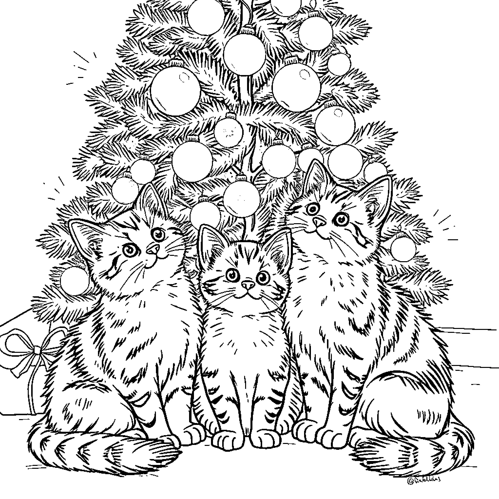 Cat Kittens Under Christmas Tree Coloring Page (free black-and-white line drawing printable PDF for all, from beginners to advanced learners, including children, teens, adults, and seniors)