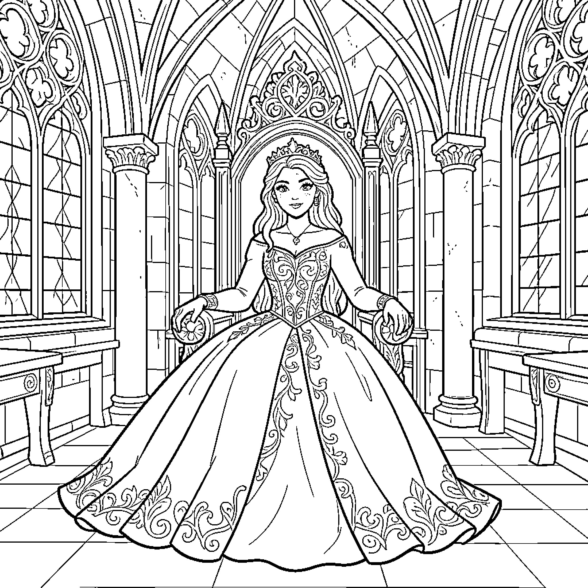 Princess sitting gracefully on a throne in a palace Coloring Page (free black-and-white line drawing printable PDF for all, from beginners to advanced learners, including children, teens, adults, and seniors)