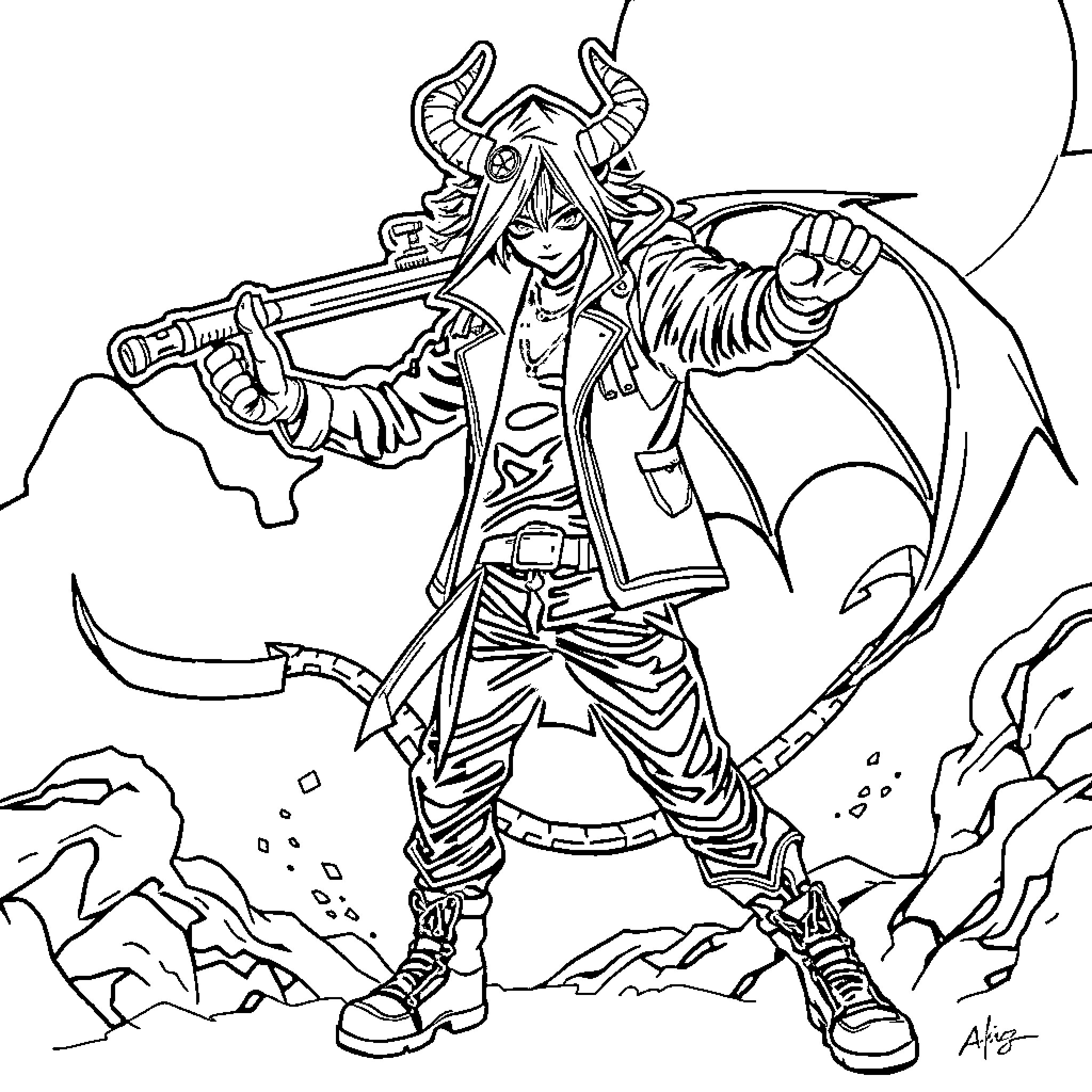 Demon Hunter wielding a powerful sword in a fierce battle Coloring Page (free black-and-white line drawing printable PDF for all, from beginners to advanced learners, including children, teens, adults, and seniors)