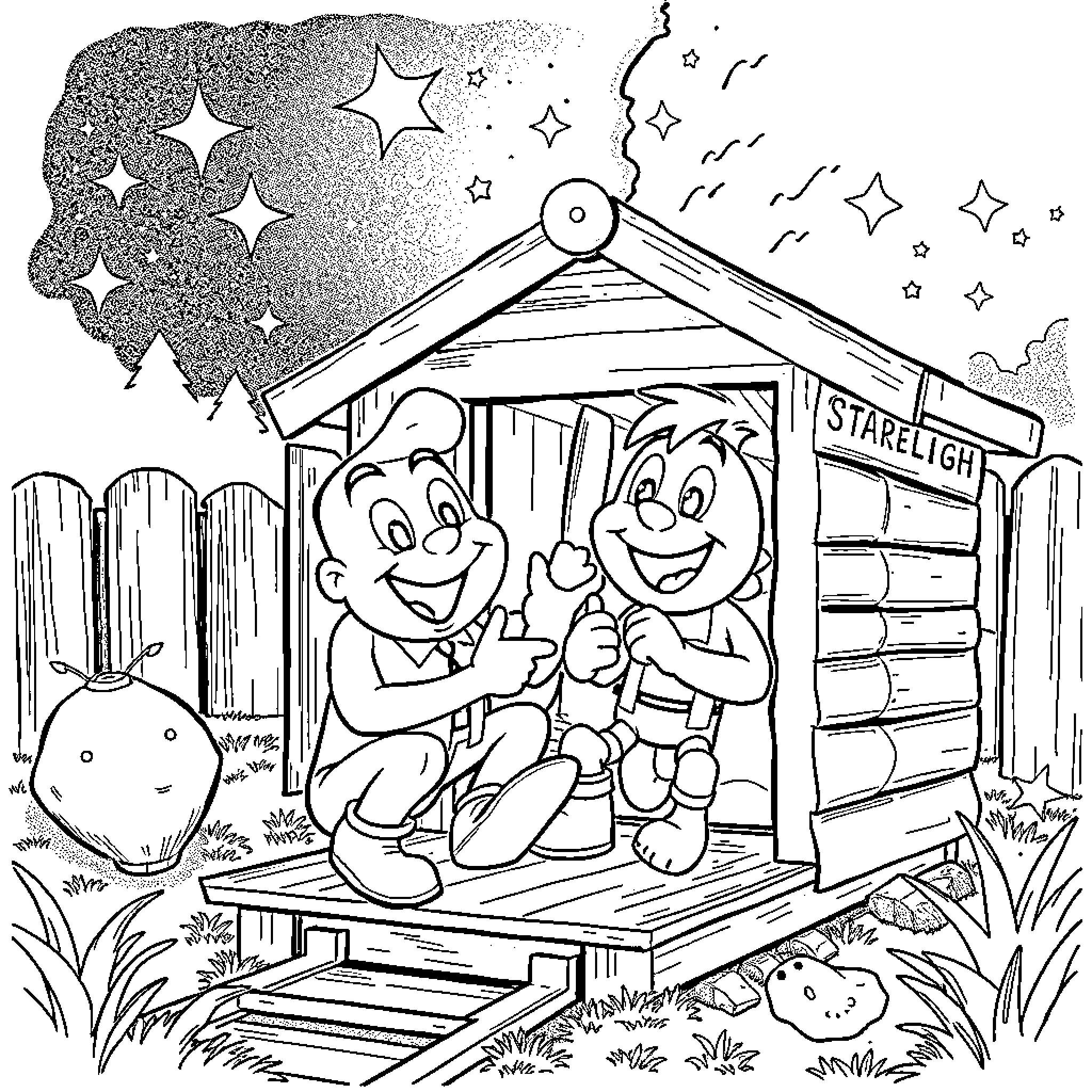 Slick Stargazers Delight in Cozy Cabin Retreat Coloring Page (free black-and-white line drawing printable PDF for all, from beginners to advanced learners, including children, teens, adults, and seniors)