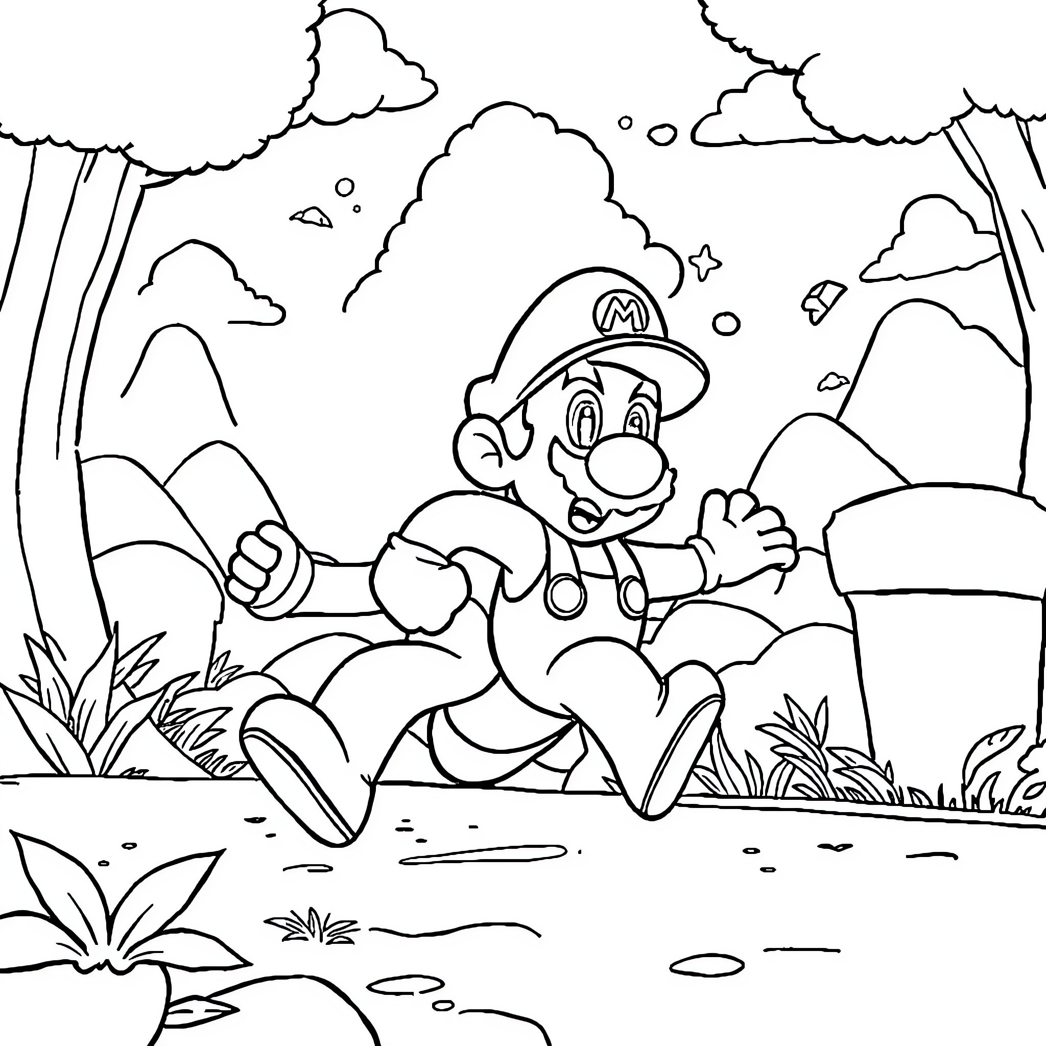 Mario running happily in the forest landscape Coloring Page (free black-and-white line drawing printable PDF for all, from beginners to advanced learners, including children, teens, adults, and seniors)