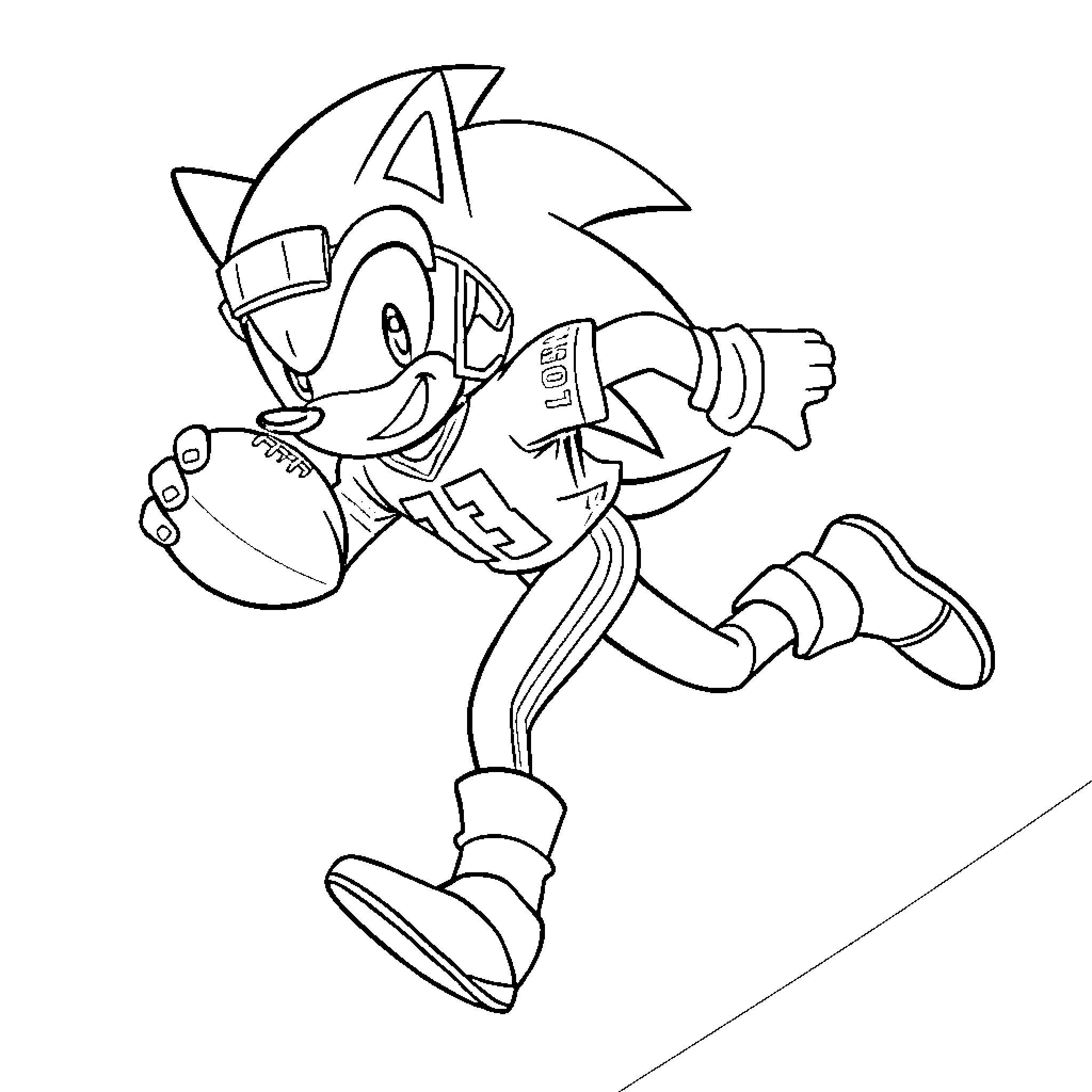 Sonic the Hedgehog running and jumping on the ground Coloring Page (free black-and-white line drawing printable PDF for all, from beginners to advanced learners, including children, teens, adults, and seniors)