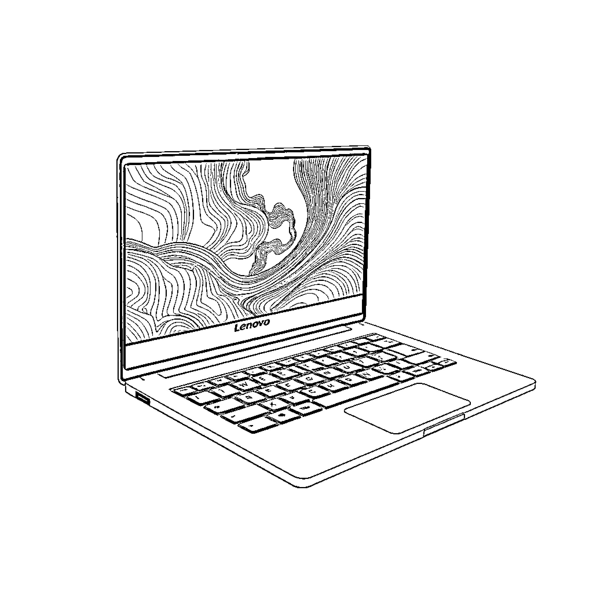 Laptop displaying abstract landscape graphics Coloring Page (free black-and-white line drawing printable PDF for all, from beginners to advanced learners, including children, teens, adults, and seniors)