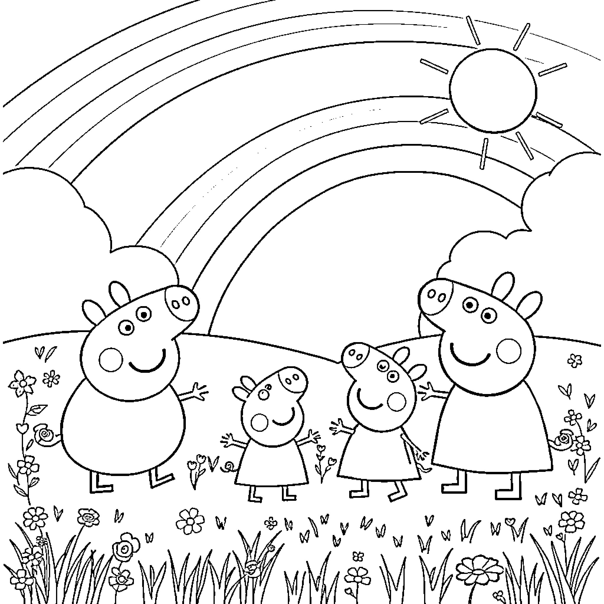 Peppa Pig and family enjoy a sunny day outdoors Coloring Page (free black-and-white line drawing printable PDF for all, from beginners to advanced learners, including children, teens, adults, and seniors)