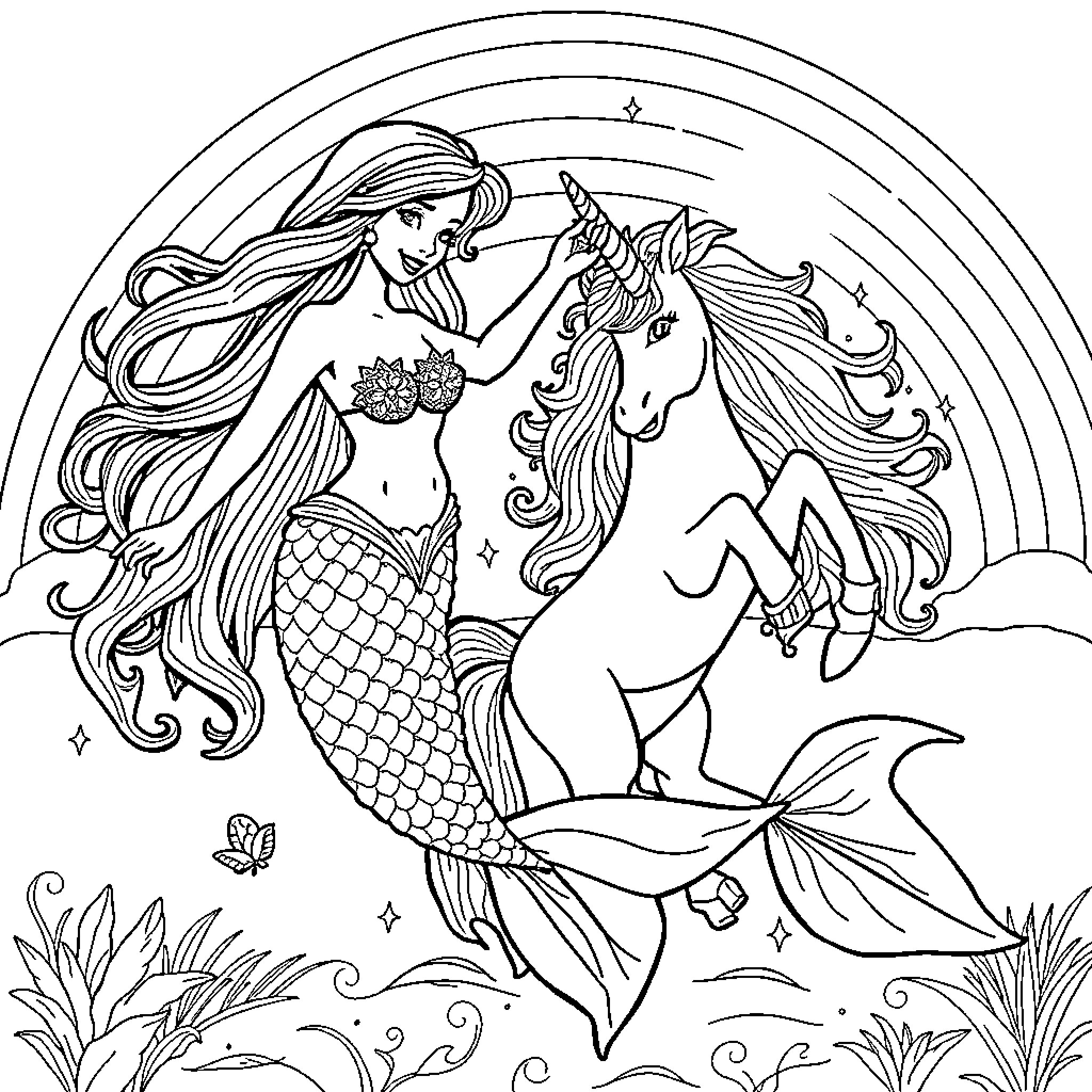 Mermaid and Unicorn in Enchanting Underwater Scene Coloring Page (free black-and-white line drawing printable PDF for all, from beginners to advanced learners, including children, teens, adults, and seniors)