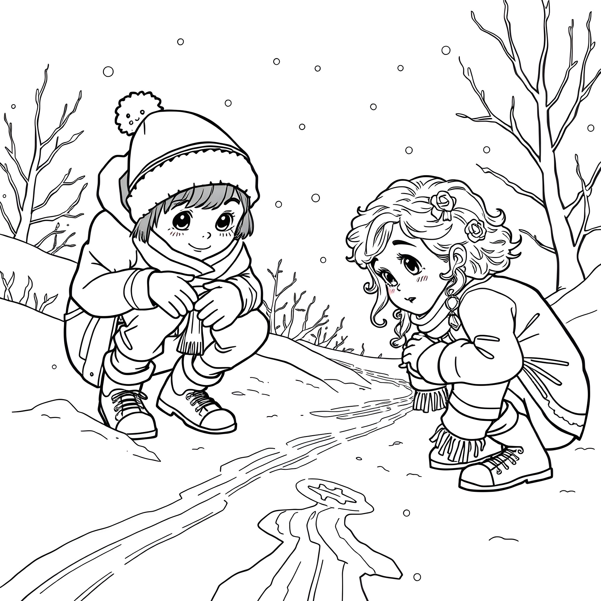 Kit's Winter Wonderland Adventure Coloring Page (free black-and-white line drawing printable PDF for all, from beginners to advanced learners, including children, teens, adults, and seniors)