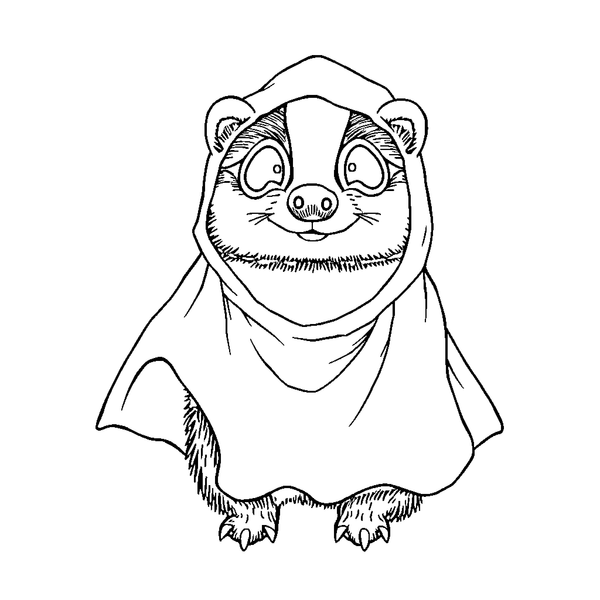 Badger wearing a hooded cloak and gazing curiously Coloring Page (free black-and-white line drawing printable PDF for all, from beginners to advanced learners, including children, teens, adults, and seniors)