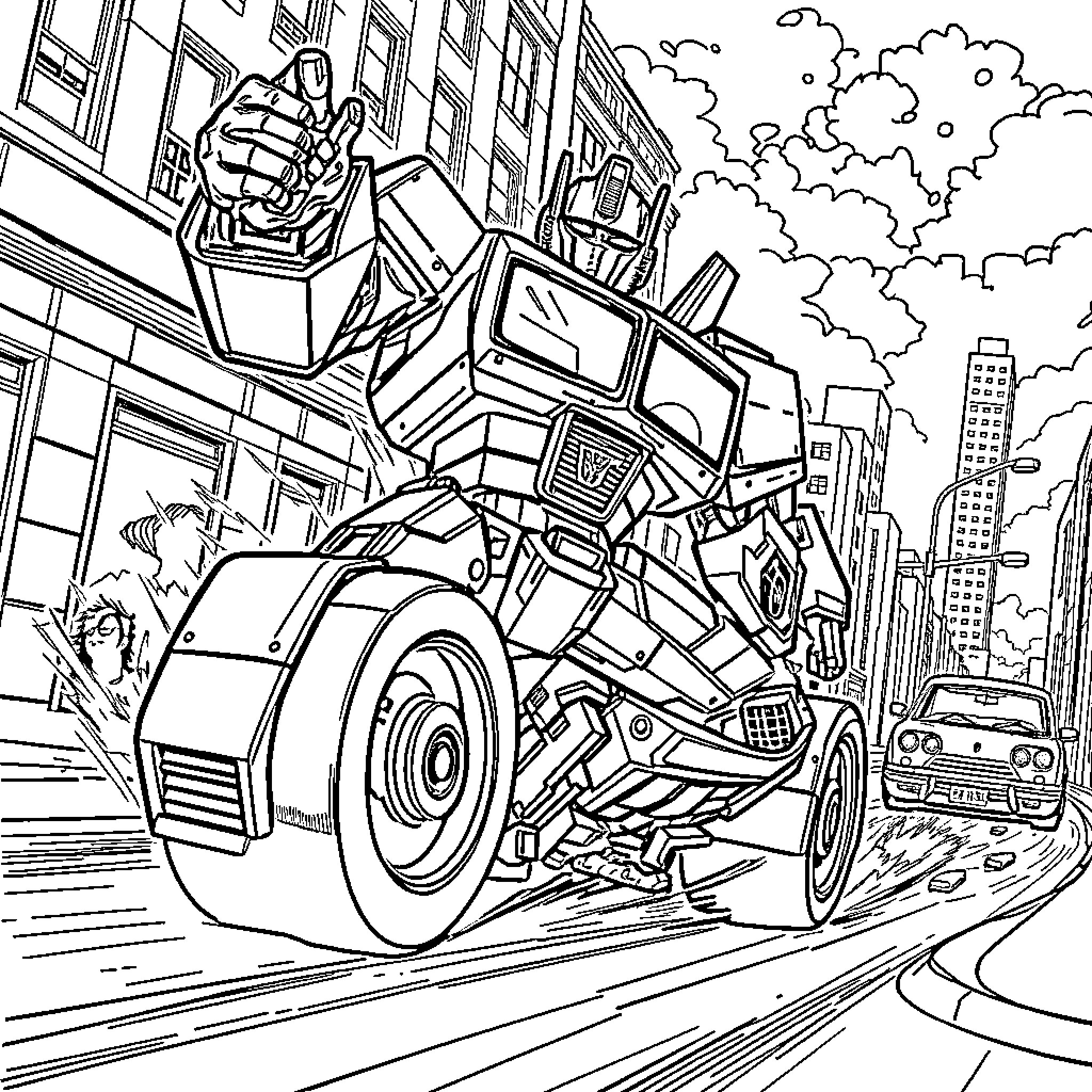 Optimus Prime saves the city from destruction Coloring Page (free black-and-white line drawing printable PDF for all, from beginners to advanced learners, including children, teens, adults, and seniors)