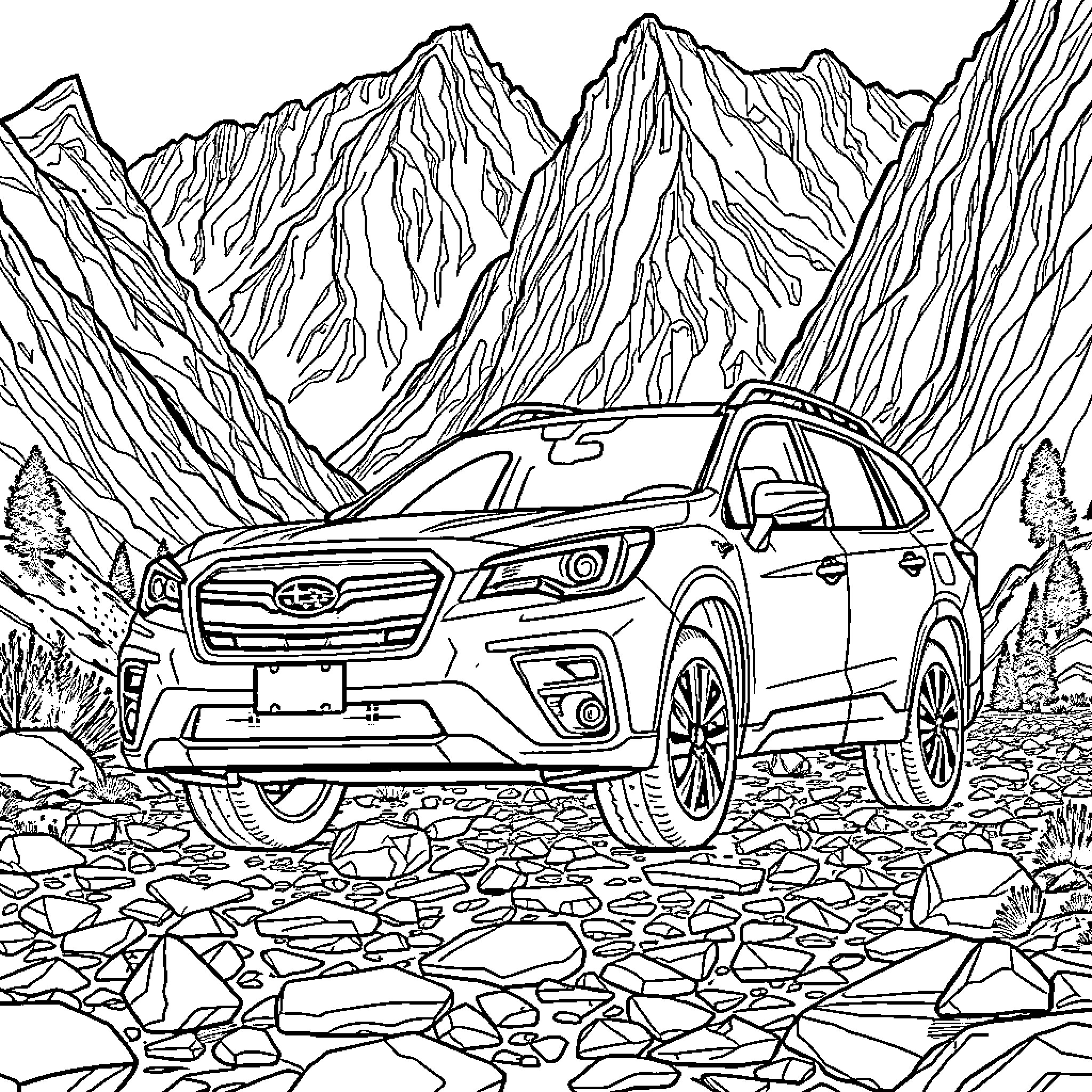 Subaru SUV Exploring the Majestic Mountain Landscape Coloring Page (free black-and-white line drawing printable PDF for all, from beginners to advanced learners, including children, teens, adults, and seniors)
