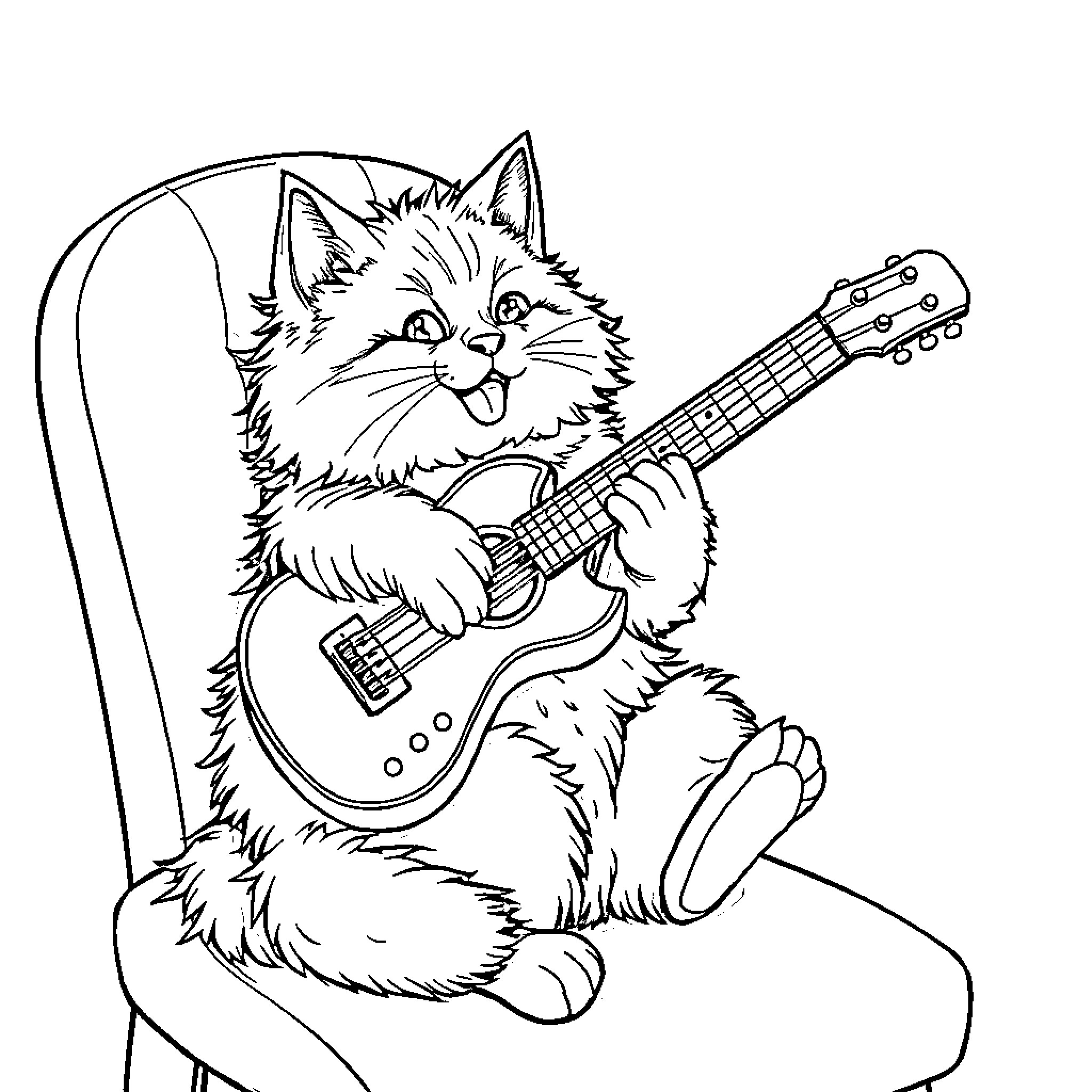 Cat playing guitar in chair Coloring Page (free black-and-white line drawing printable PDF for all, from beginners to advanced learners, including children, teens, adults, and seniors)