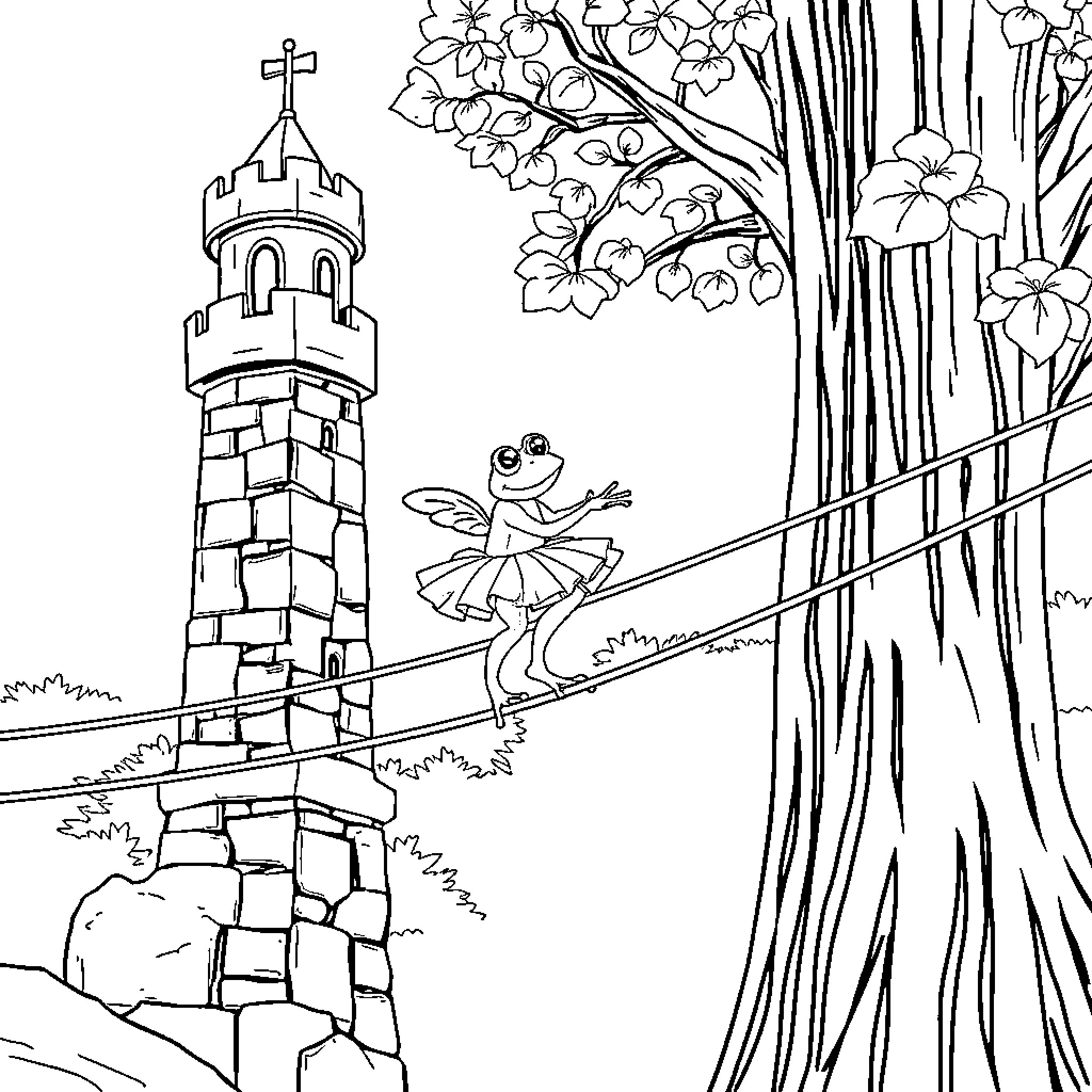 Frog tightrope walking towards castle tower Coloring Page (free black-and-white line drawing printable PDF for all, from beginners to advanced learners, including children, teens, adults, and seniors)