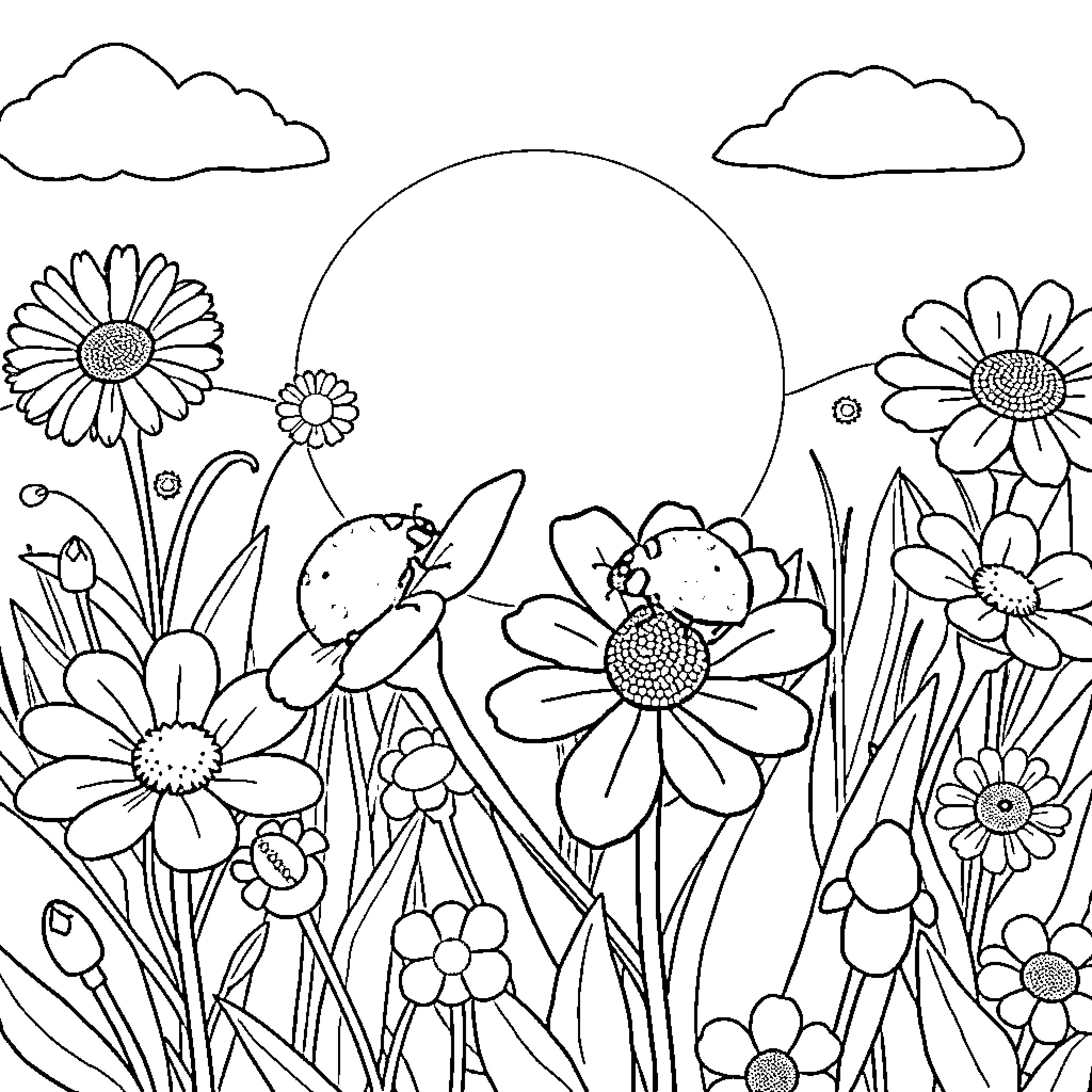 Ladybug exploring a vibrant floral field Coloring Page (free black-and-white line drawing printable PDF for all, from beginners to advanced learners, including children, teens, adults, and seniors)