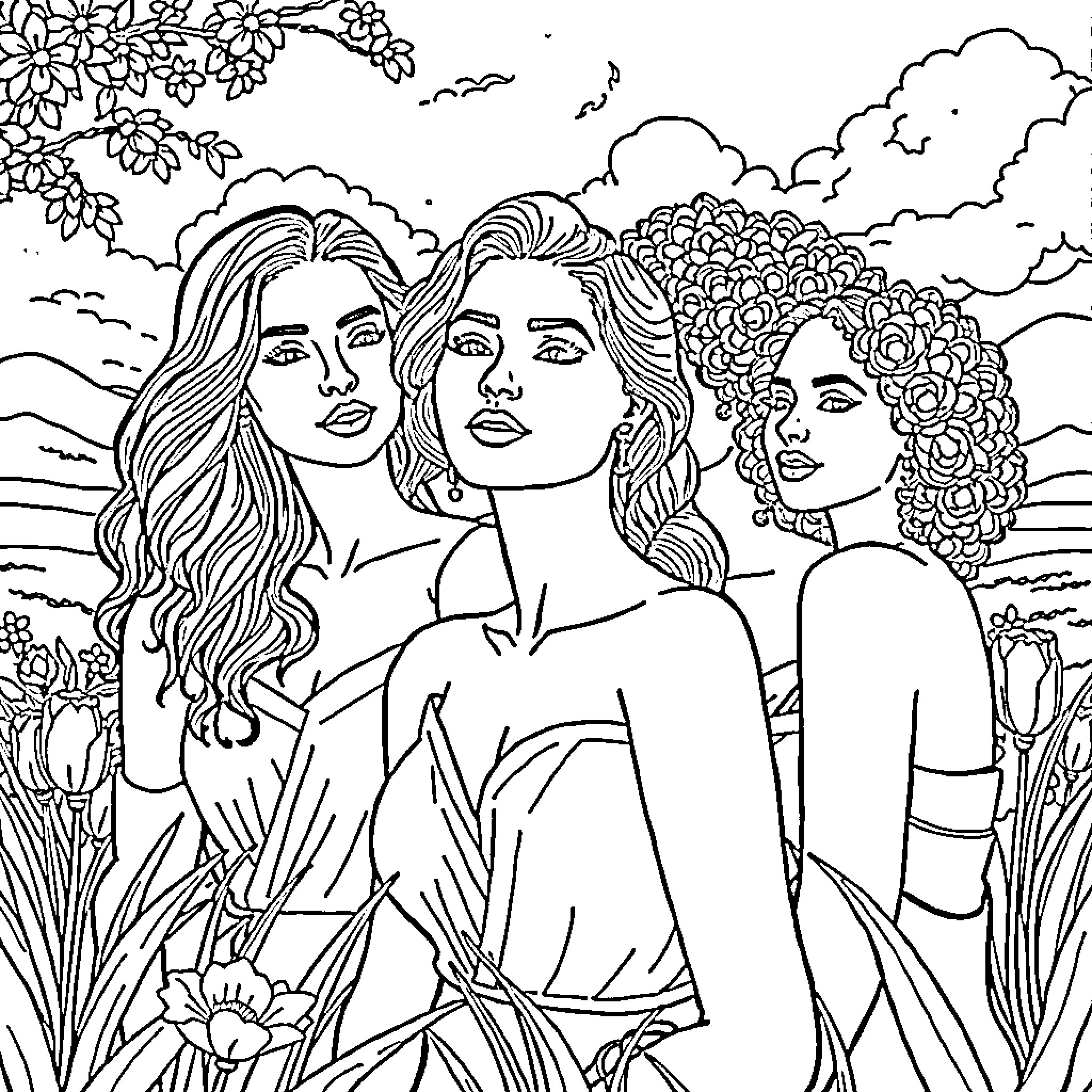 Women with long hair in nature scene Coloring Page (free black-and-white line drawing printable PDF for all, from beginners to advanced learners, including children, teens, adults, and seniors)