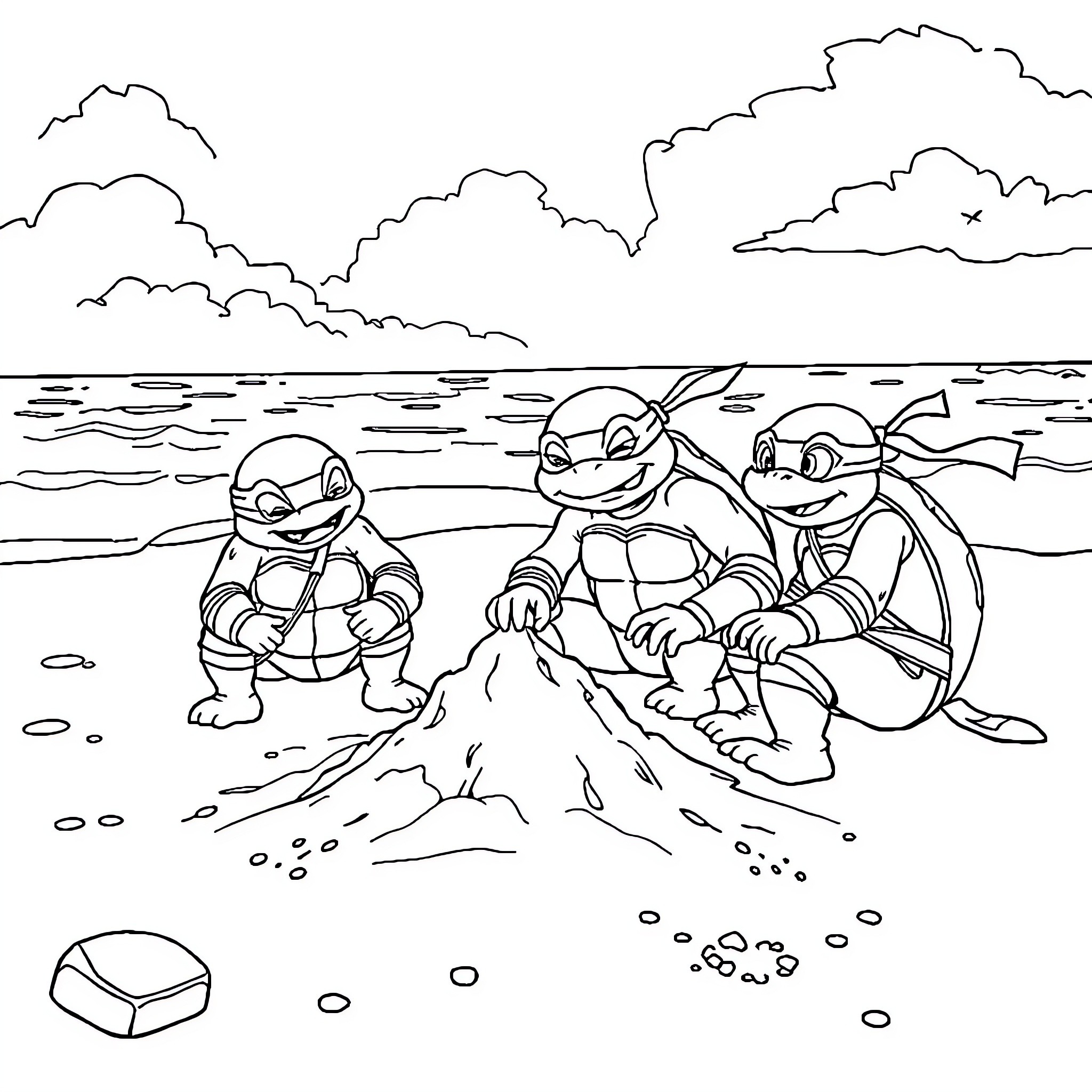 Ninja Turtles enjoying a day at the beach Coloring Page (free black-and-white line drawing printable PDF for all, from beginners to advanced learners, including children, teens, adults, and seniors)