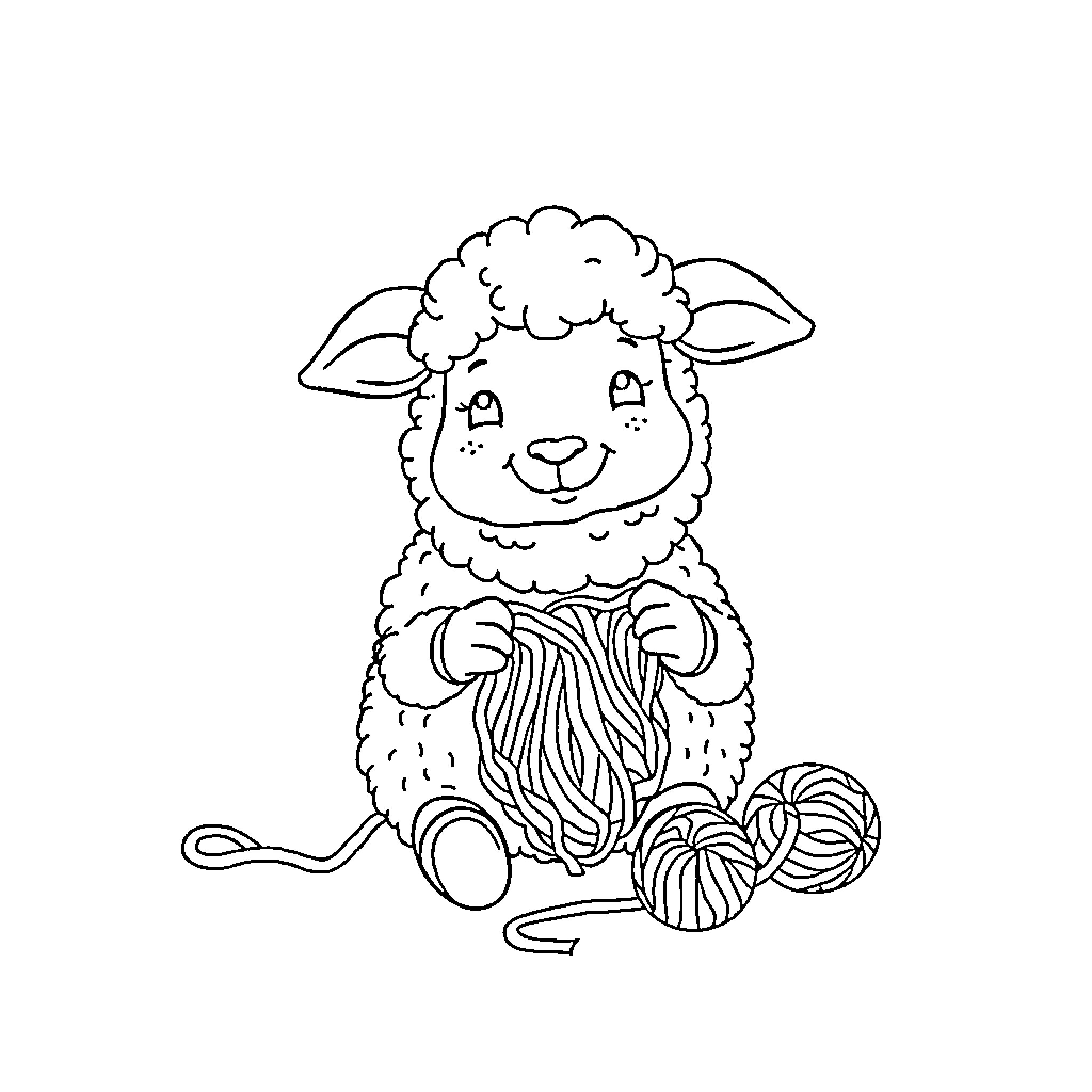 Sheep knitting with yarn balls Coloring Page (free black-and-white line drawing printable PDF for all, from beginners to advanced learners, including children, teens, adults, and seniors)