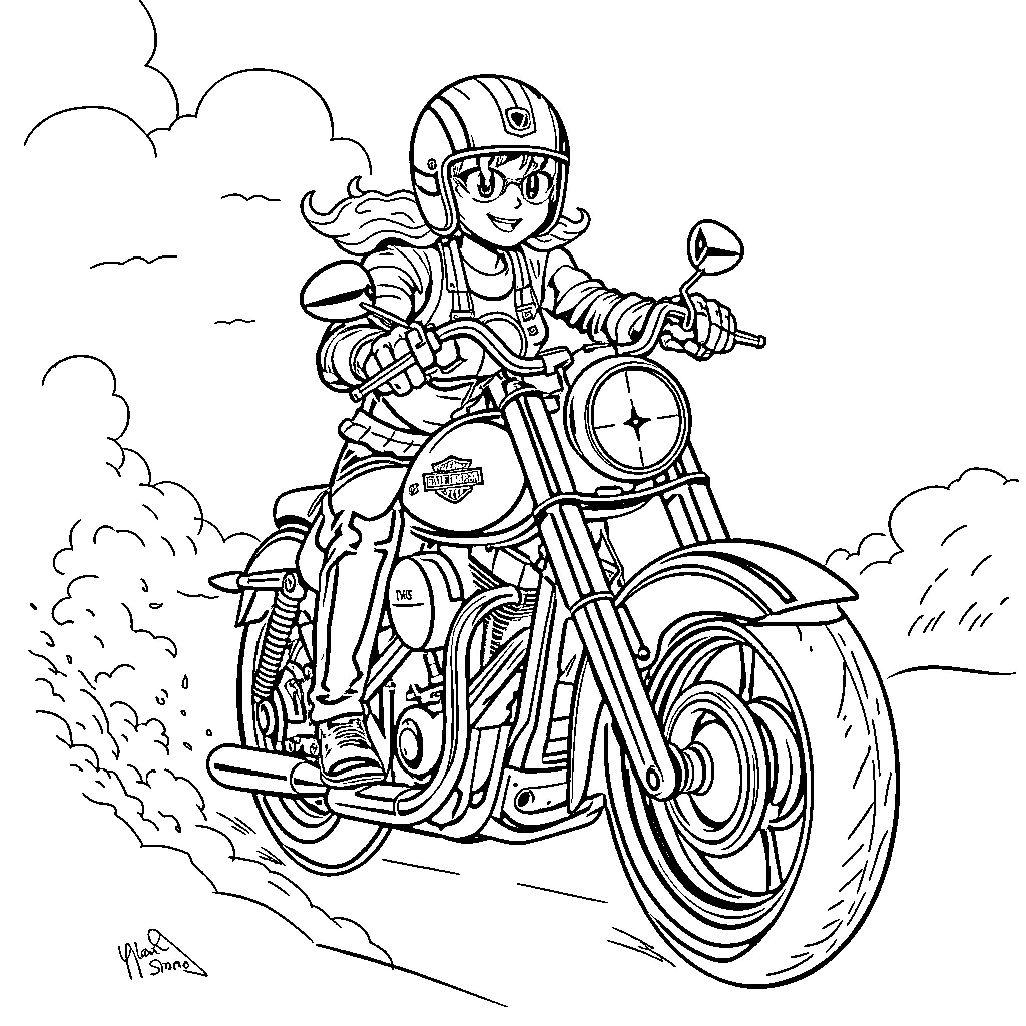 Bingo girl riding motorcycle on the road Coloring Page (free black-and-white line drawing printable PDF for all, from beginners to advanced learners, including children, teens, adults, and seniors)