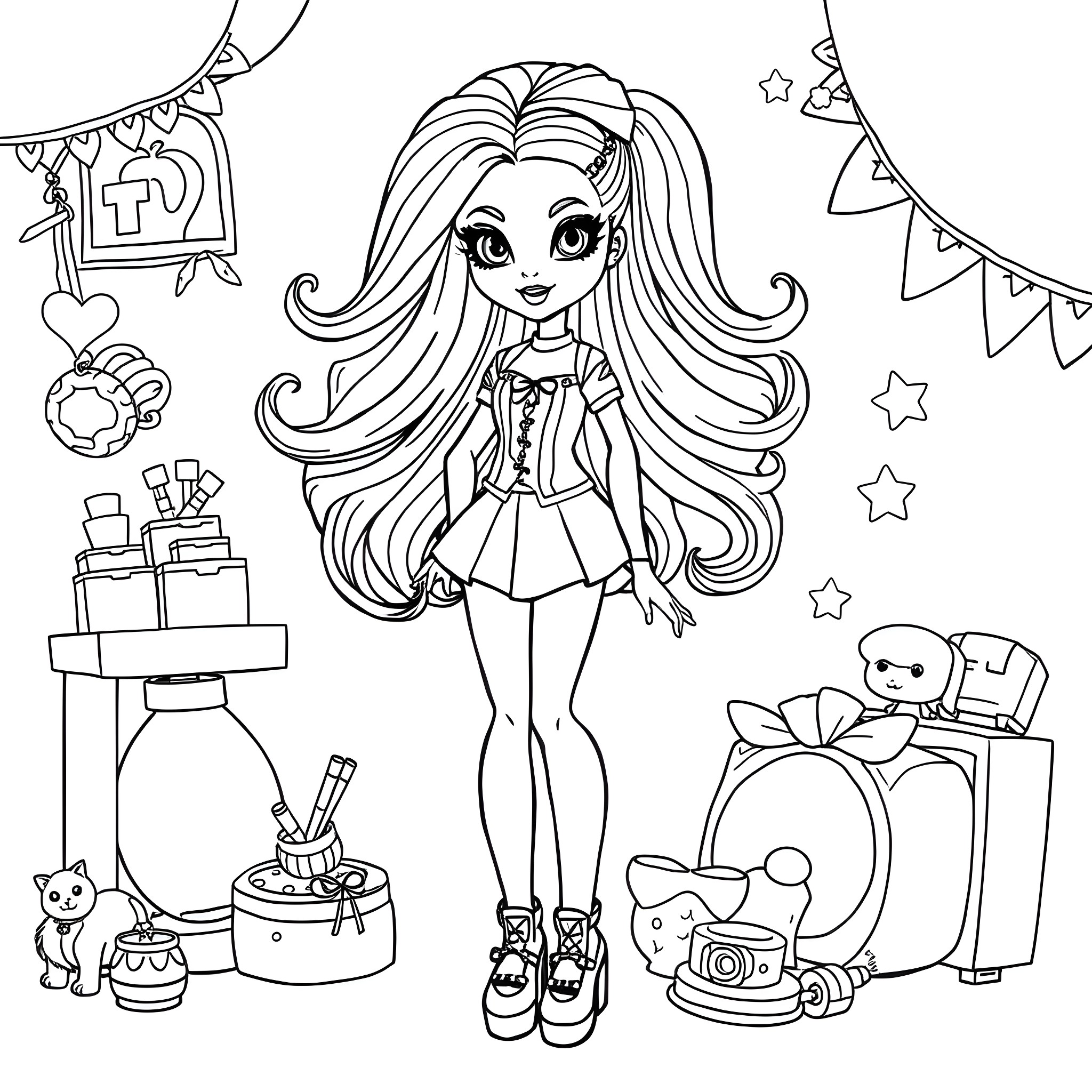 Rainbow High Doll Celebrates with Decorations and Accessories Coloring Page (free black-and-white line drawing printable PDF for all, from beginners to advanced learners, including children, teens, adults, and seniors)