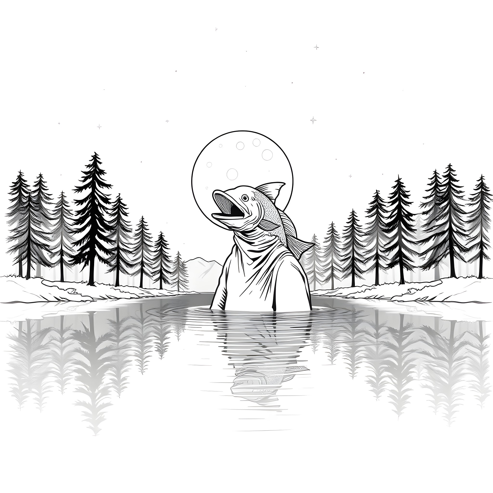 Fish-Man emerges from the tranquil forest pond Coloring Page (free black-and-white line drawing printable PDF for all, from beginners to advanced learners, including children, teens, adults, and seniors)