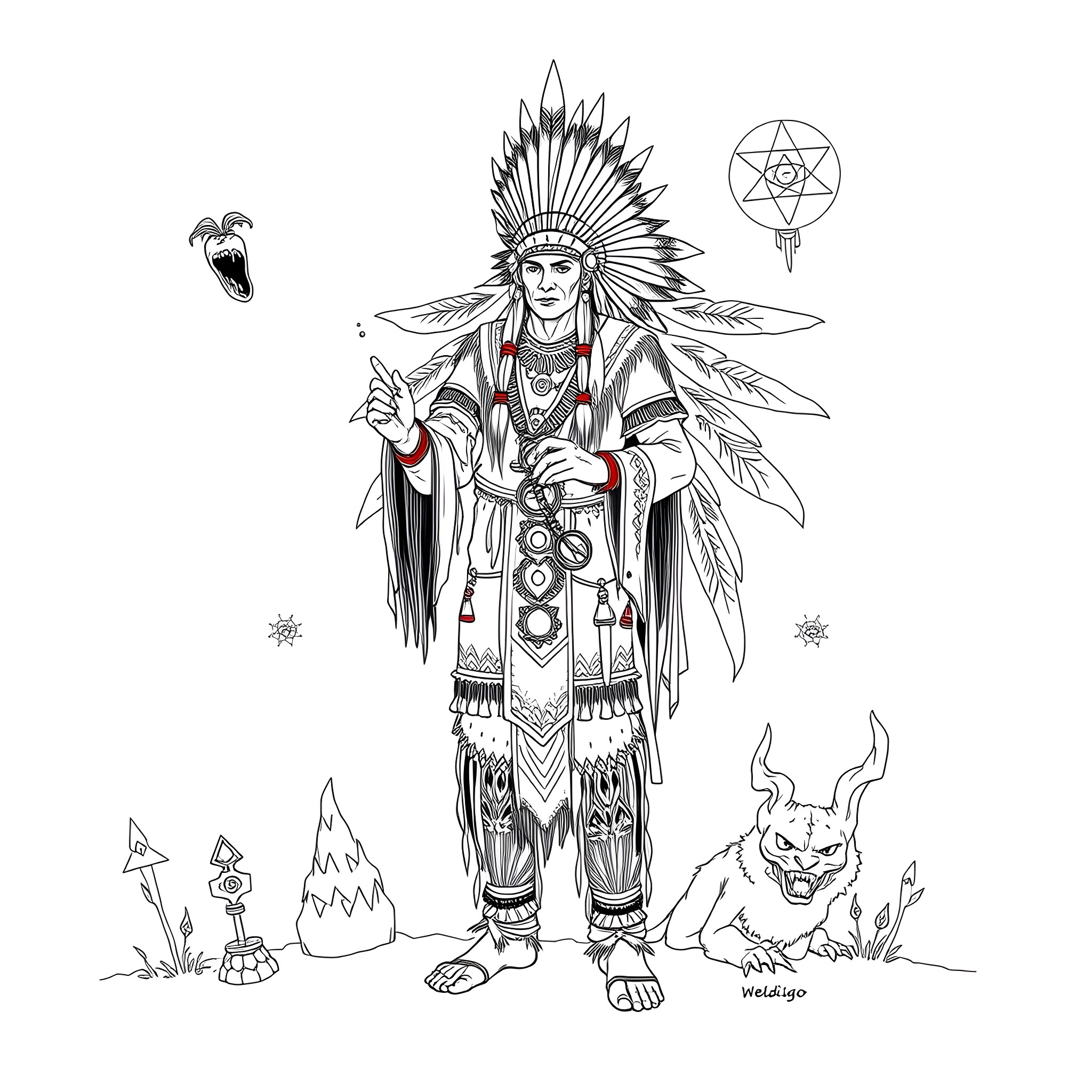 Shaman Performing Ritual in Nature Coloring Page (free black-and-white line drawing printable PDF for all, from beginners to advanced learners, including children, teens, adults, and seniors)