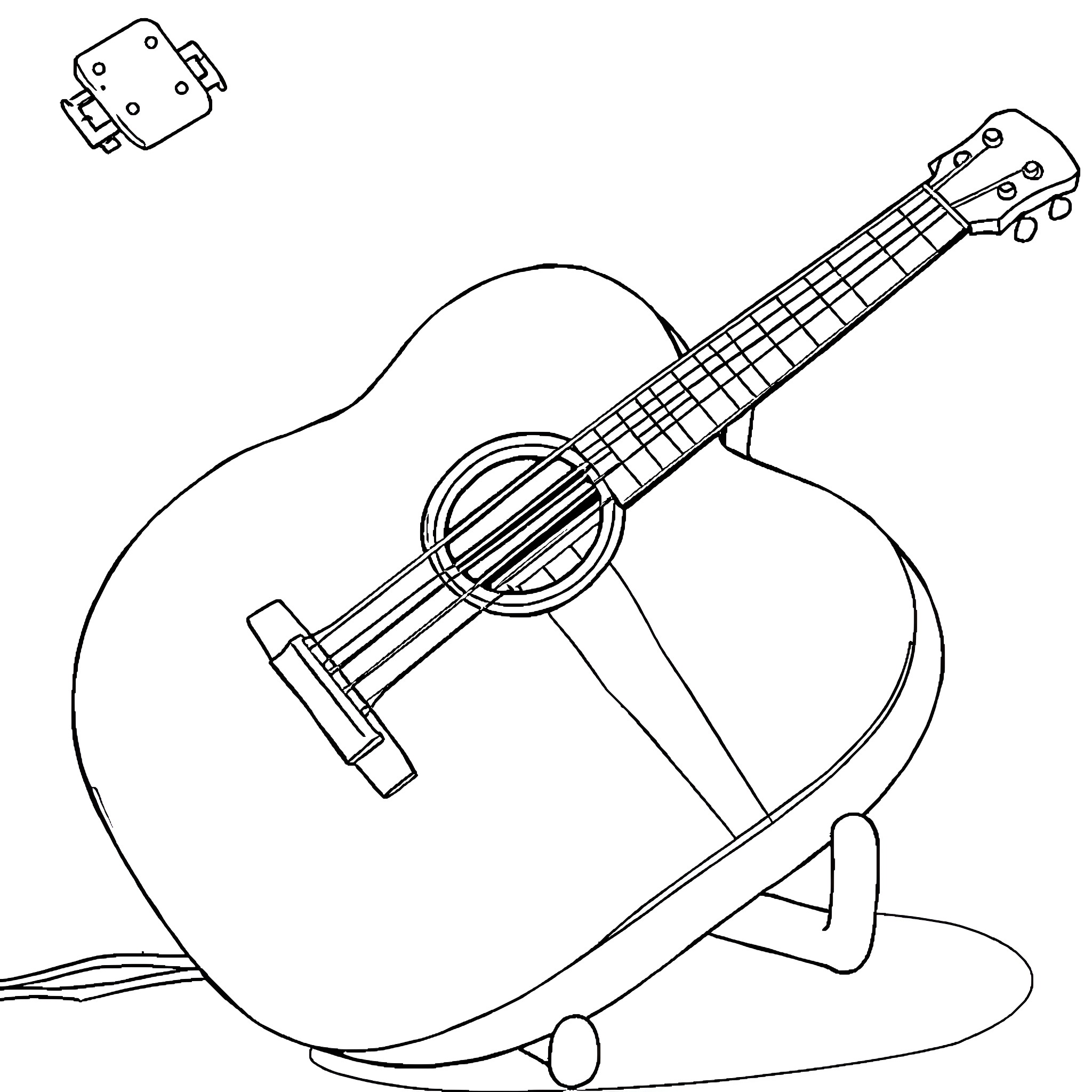 Guitar with headphones and sheet music Coloring Page (free black-and-white line drawing printable PDF for all, from beginners to advanced learners, including children, teens, adults, and seniors)