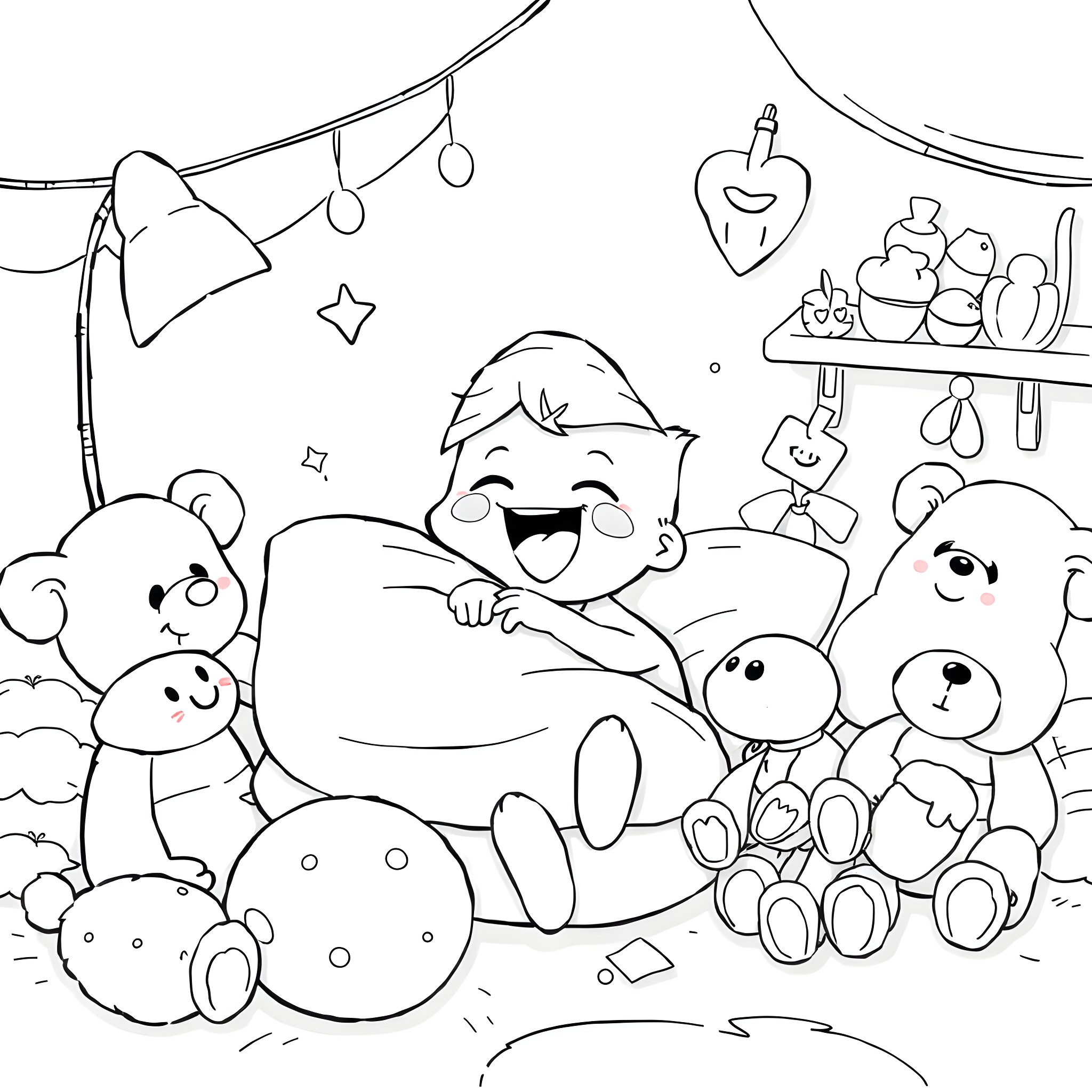 Foot-themed Playful Plush Characters in Cozy Scene Coloring Page (free black-and-white line drawing printable PDF for all, from beginners to advanced learners, including children, teens, adults, and seniors)