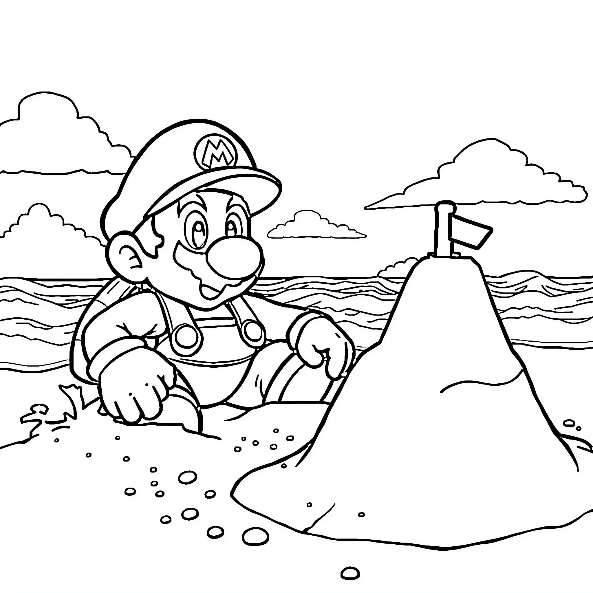 Mario Exploring the Beach Landscape Coloring Page (free black-and-white line drawing printable PDF for all, from beginners to advanced learners, including children, teens, adults, and seniors)