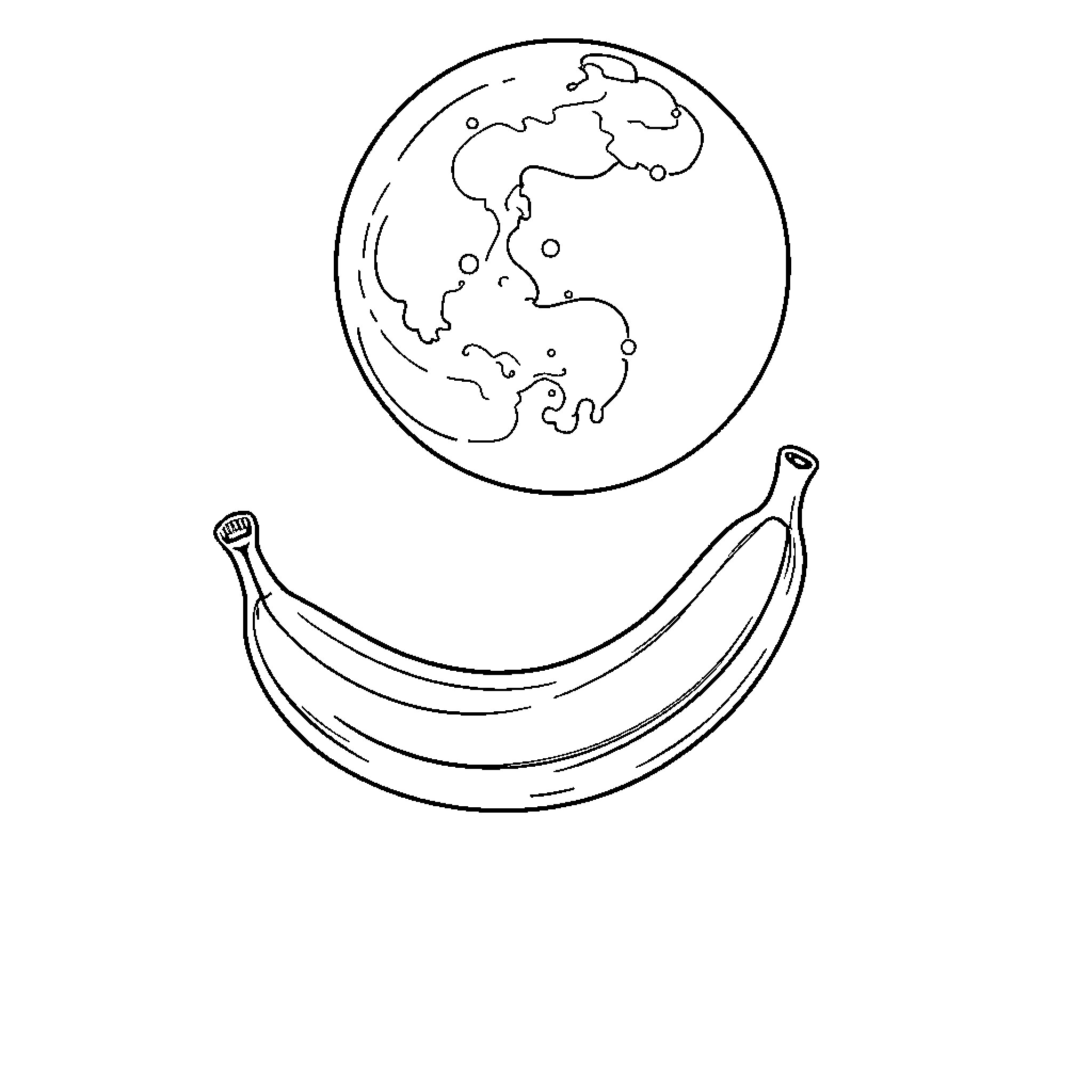 Banana holding the Earth in its grasp Coloring Page (free black-and-white line drawing printable PDF for all, from beginners to advanced learners, including children, teens, adults, and seniors)