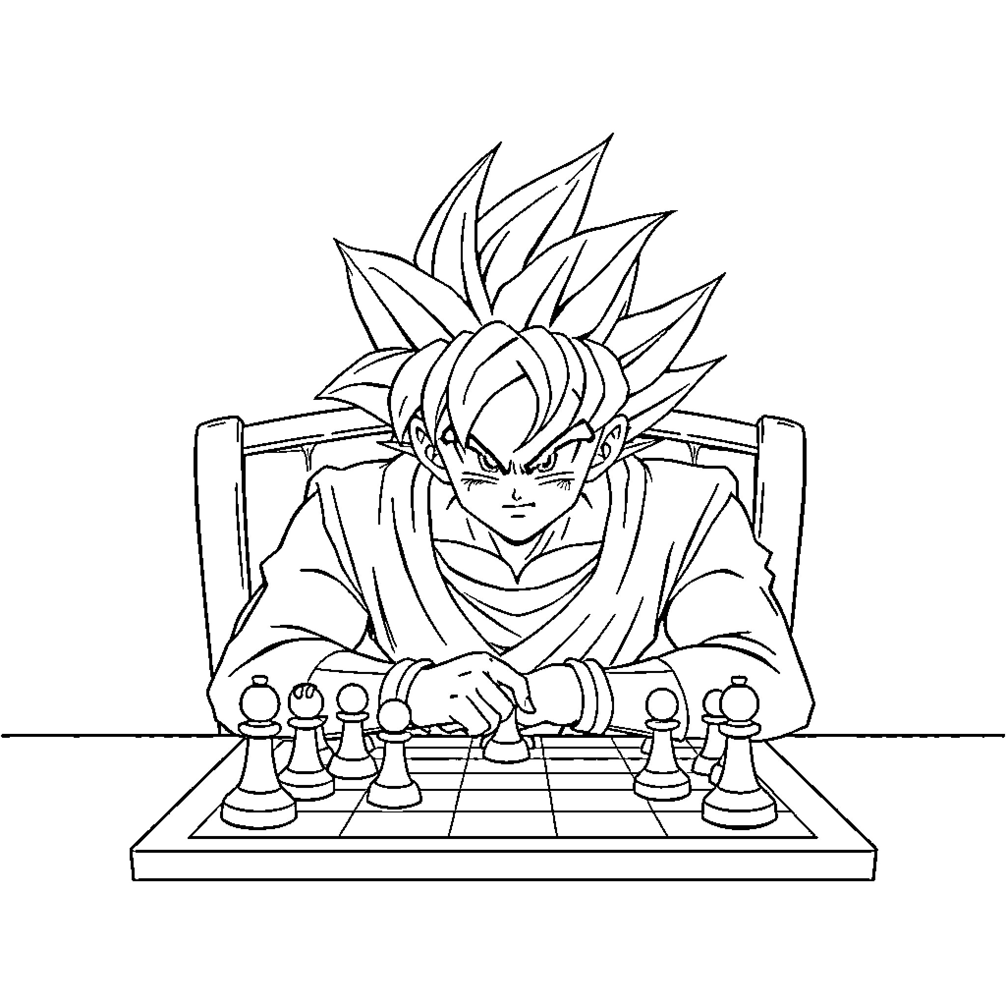 Goku concentrating on a chess game Coloring Page (free black-and-white line drawing printable PDF for all, from beginners to advanced learners, including children, teens, adults, and seniors)