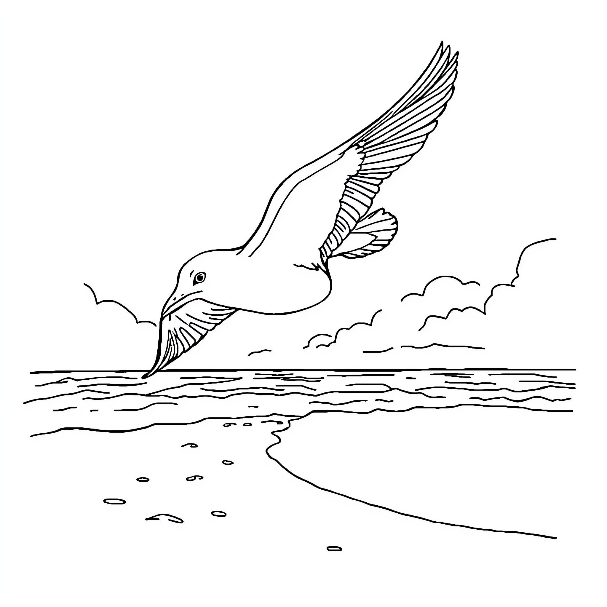 Seagull soaring gracefully over the waves Coloring Page (free black-and-white line drawing printable PDF for all, from beginners to advanced learners, including children, teens, adults, and seniors)